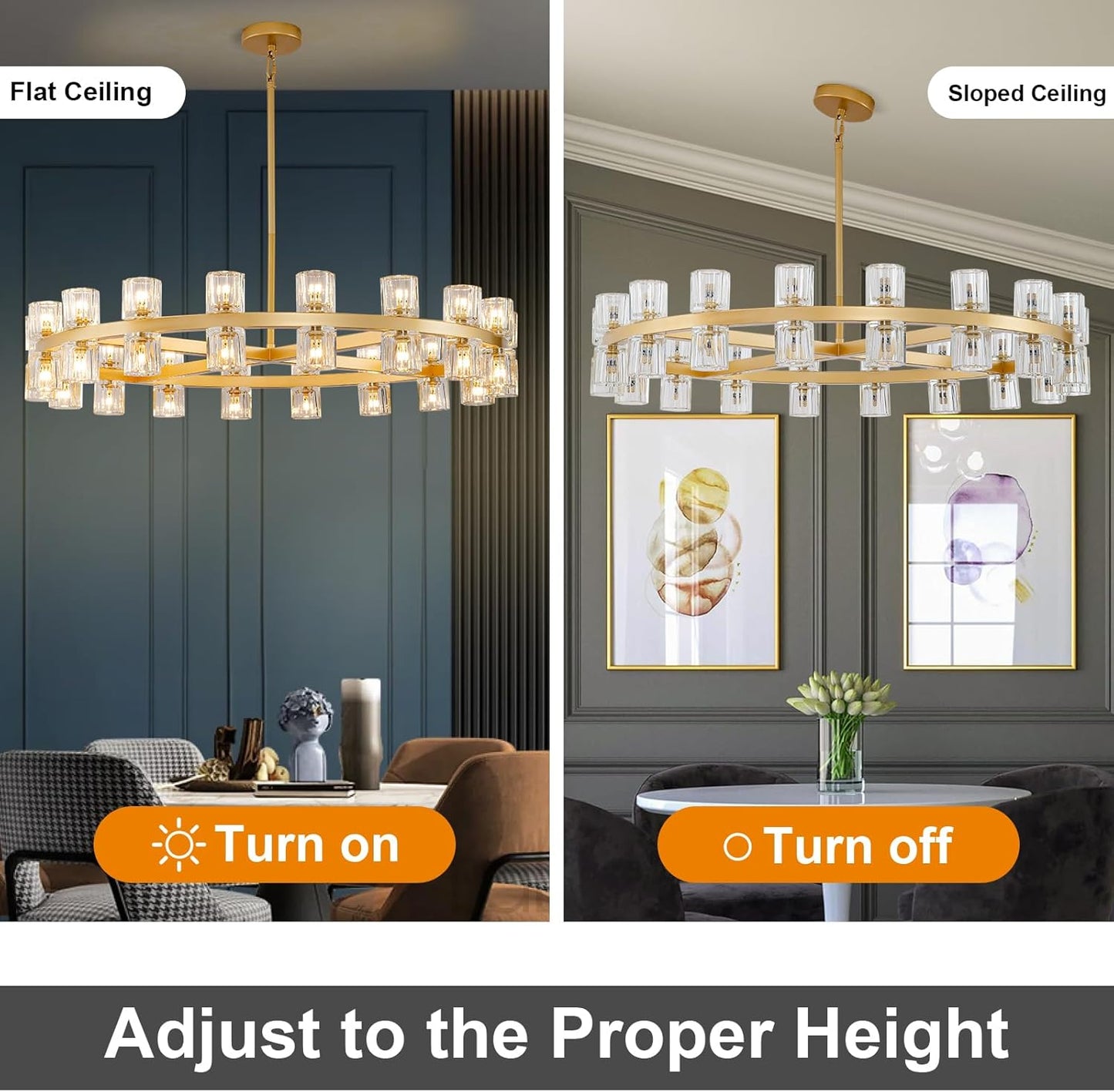 Modern 36" Gold Round Chandelier Light Fixture, K9 Crystal Chandeliers for Dining Room, Living Room, Dining Room Chandeliers Over Table, Chandelier for Bedroom, Foyer, Includes 36XG4 Bulbs