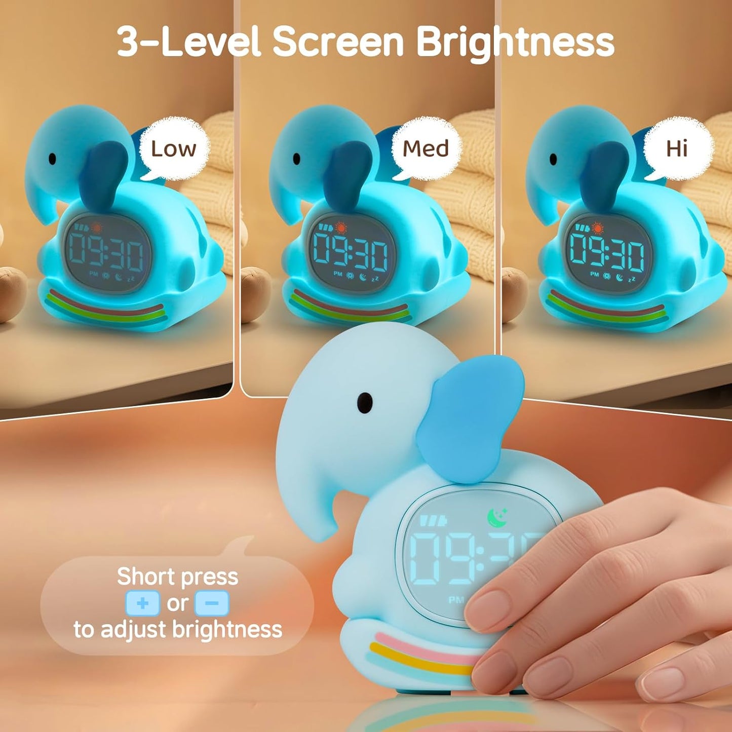 Alarm Clock for Kids with Night Light, Sleep Training Clock Time to Wake Clock, Rechargeable Silicone Light for Bedroom, Perfect Sleep Companion for Boys Girls,Blue Elephant