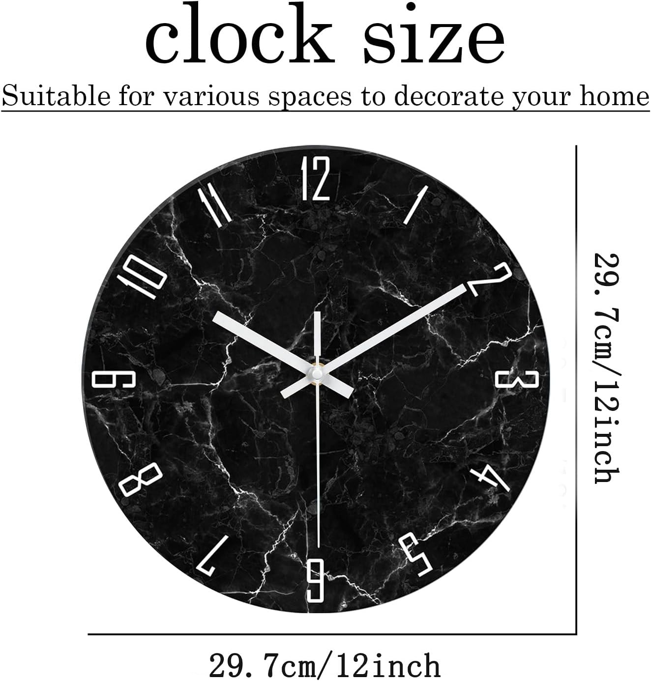 Black Minimalist Wall Clocks for Living Room Glass Marble Pattern Wall Clocks Battery Operated 12 Inch Abstract Wall Clock Non Ticking