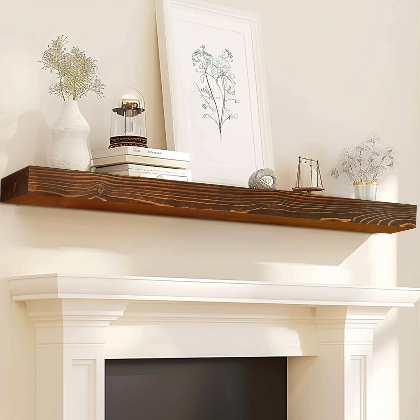 72x8x3 Fireplace Mantel - Solid Rustic Wood - Wall Mounted Floating Shelf with Invisible Heavy Duty Steel Bracket (Weathered Brown)