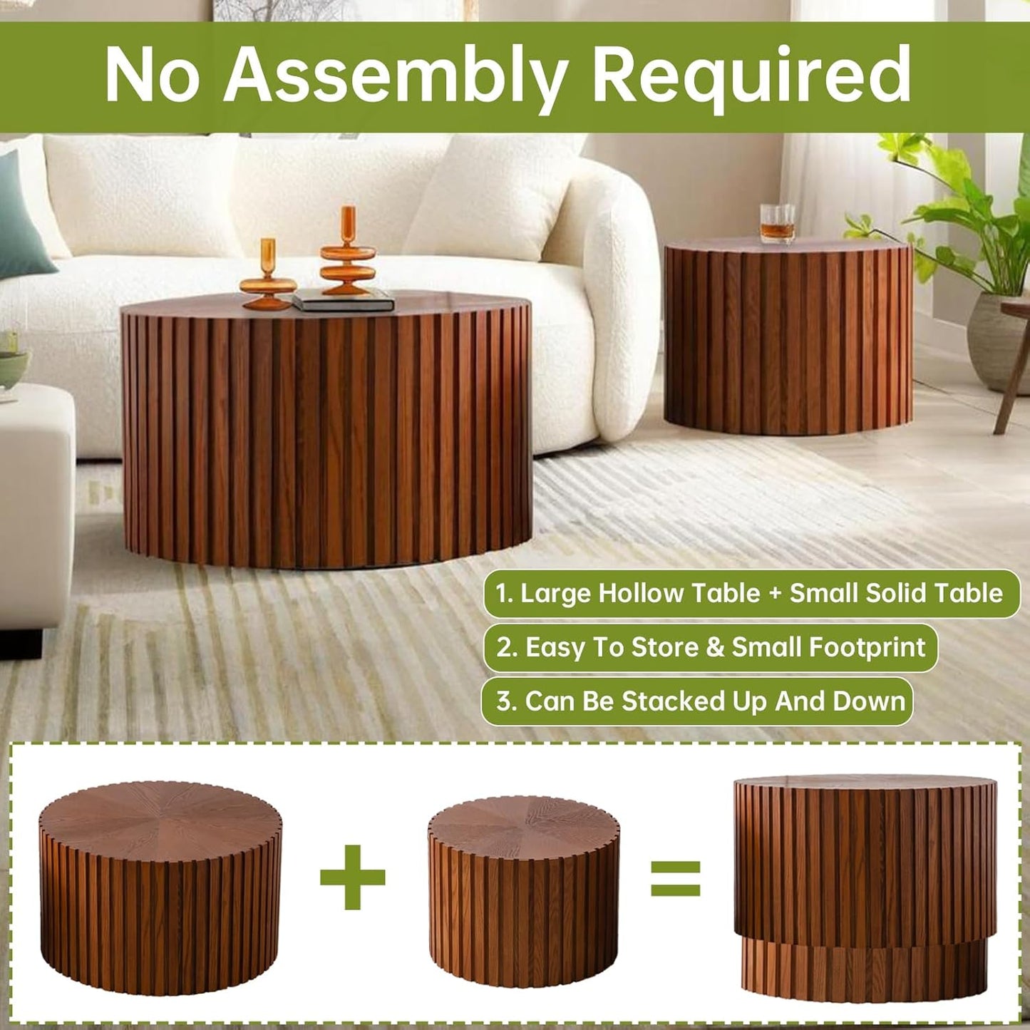 Round Nesting Coffee Table Modern Brown Fluted Coffee Table Set of 2 for Living Room Circle Drum Coffee Tables Round Nesting Tables for Small Spaces (Walnut 27in)