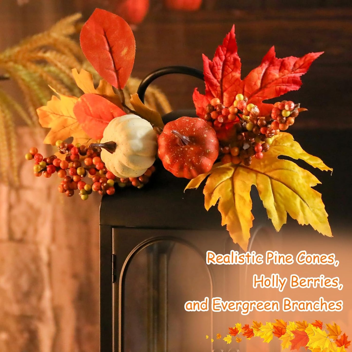 Bdor 2 Pack Fall Lanterns Decor with LED Candle – 16 Inch Harvest Pumpkin Maple Leaf Hanging Lantern for Autumn Thanksgiving Table Centerpiece Indoor Outdoor Decoration, Battery Operated