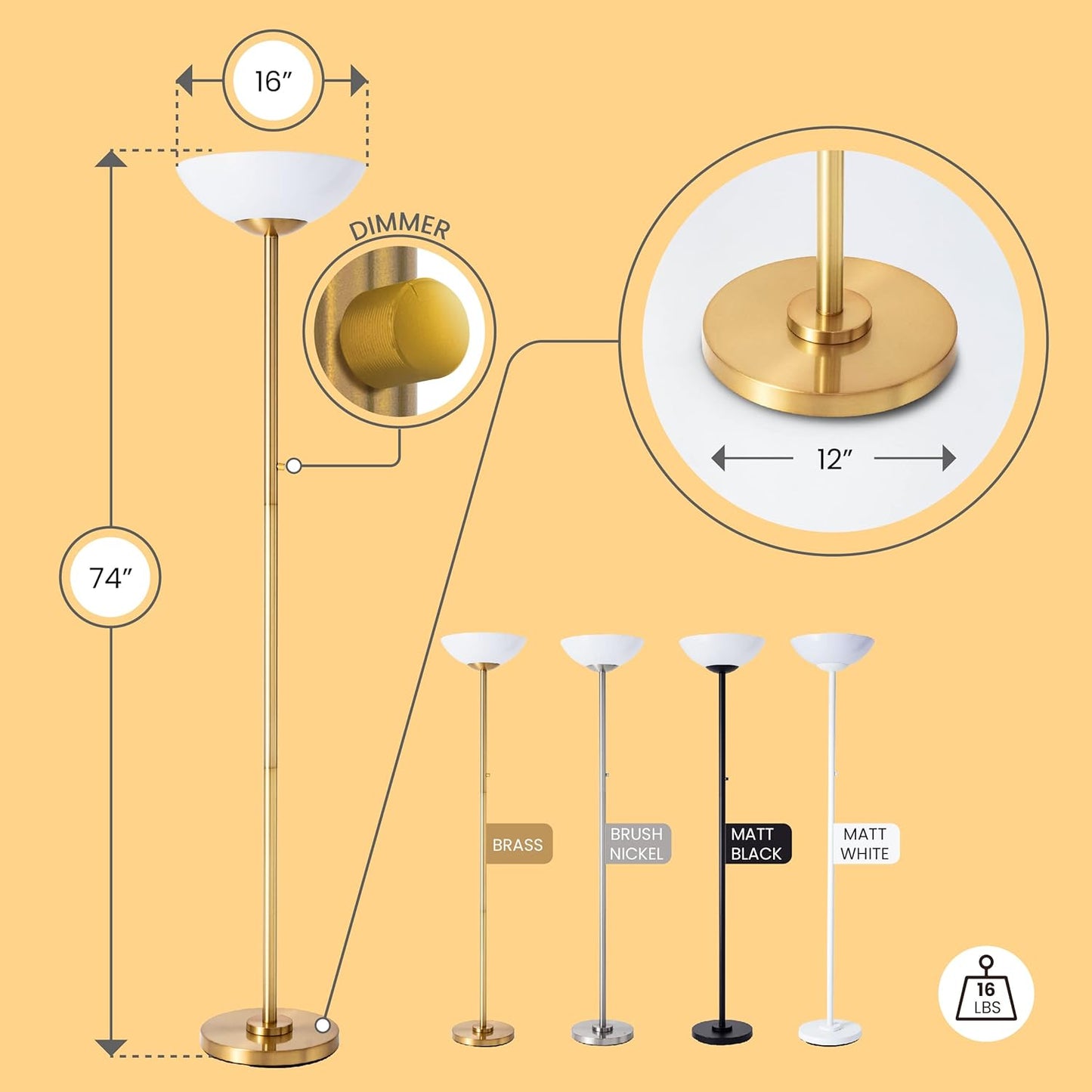 Super Bright Floor Lamp 8000LUMEN - DIMMABLE 30K Energy-Efficient Standing Lamp with Cement Base, for Living Room and Bedroom - Matte Finish, Modern and Elegant Design (White)