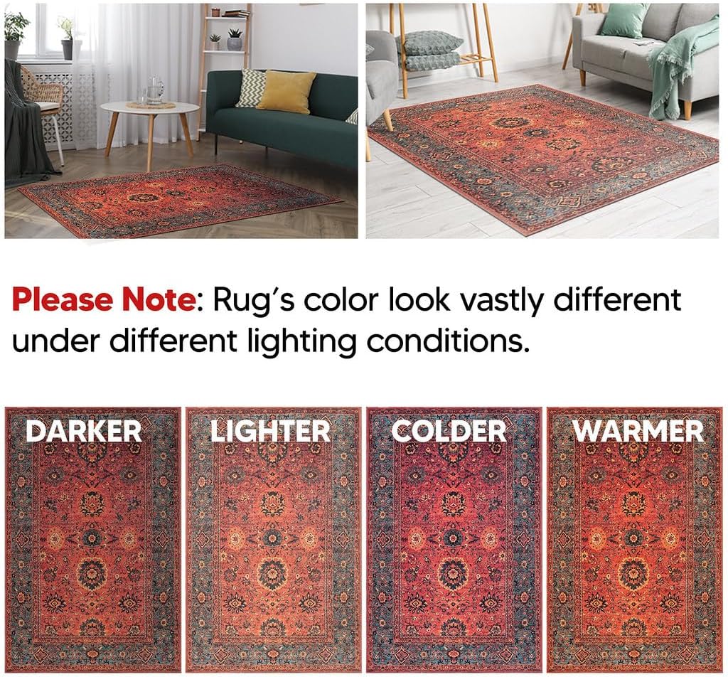 Keen Home Design 6x9 Rug - Machine Washable Area Rug with Non-Slip Backing, Ideal for Living Room, Dining Room, Bedroom - Vintage, Easy Clean, Durable, Low Pile Rug - (6' x 9')