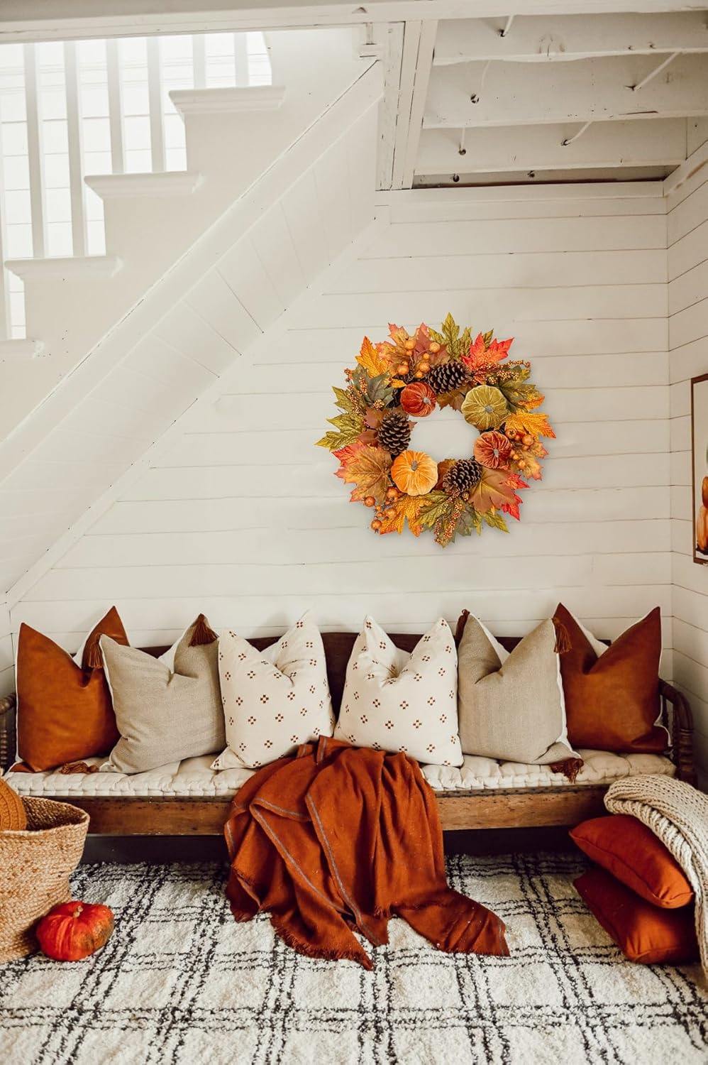 Fall Wreaths for Front Door 16'' Autumn Velvet Pumpkin Wreath with Metal Hook Harvest Maple Wreath Fall Decoration for Home Halloween Thanksgiving Decoration, Briful