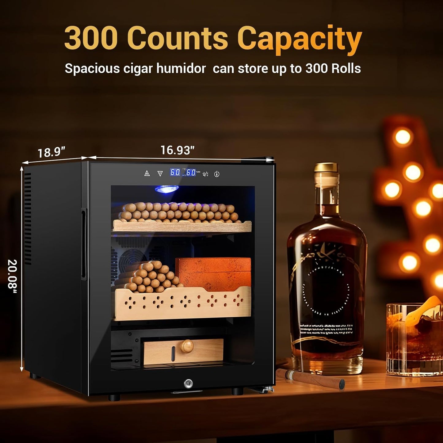 Electric Humidor for Cigars, 50L 300 Counts Large Capacity Thermostatic Desktop Humidor Cabinet with Digital LED Screen, Safety Lock,Smart Humidity & Temp Control, Gifts for Men