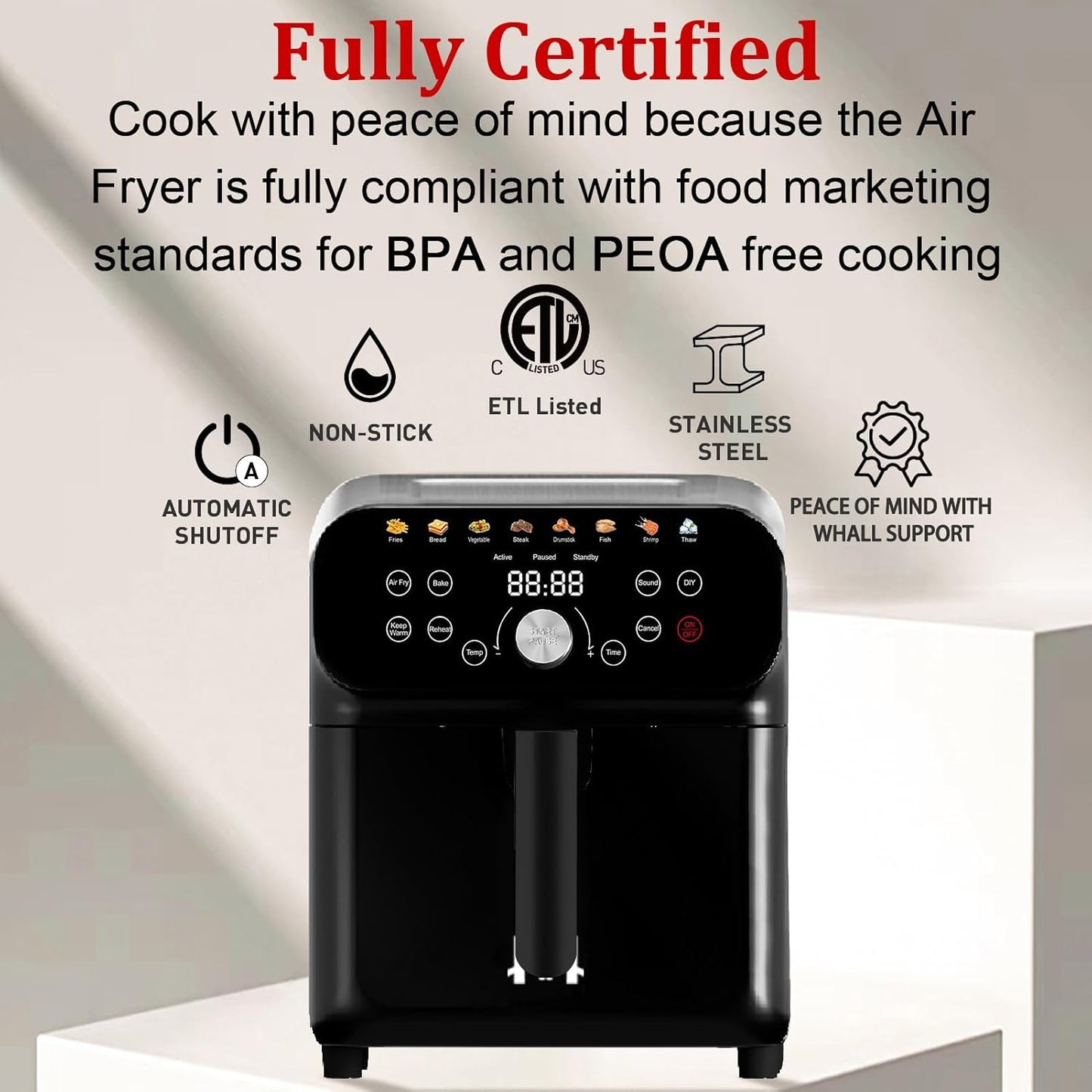 6.3QT Air Fryer Oven with LED Digital Touchscreen, 12 Preset Cooking Functions Air fryers, Bake, Reheat, Keep Warm, Nonstick and Dishwasher-Safe Basket, Stainless Steel/Black