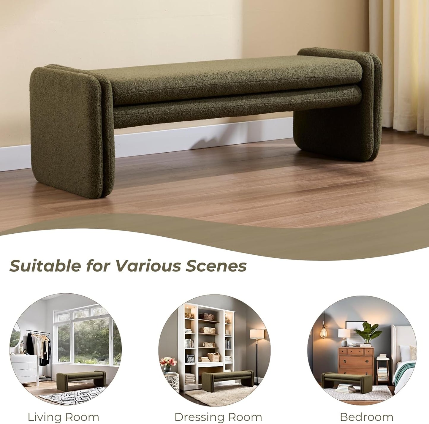 Green Boucle Bench 50" Sherpa End of Bed Bench Modern Upholstered Bench for Bedroom Entryway Living Room Vanity Makeup Room, Teddy Fabric Bench with Seating
