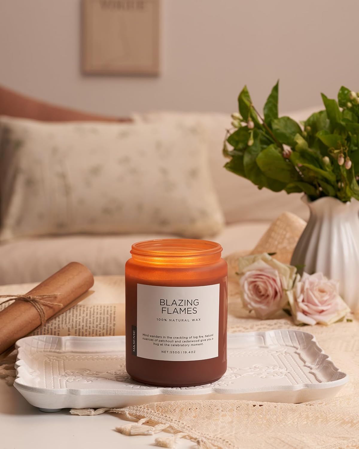 M&SENSE Blazing Flames Scented Candles with Log Fire - Patchouli & Cedarwood, Large Natural Soy 19.4oz 110 Hour Long Lasting Non Toxic Clean Burn Candle Gifts for Men Women