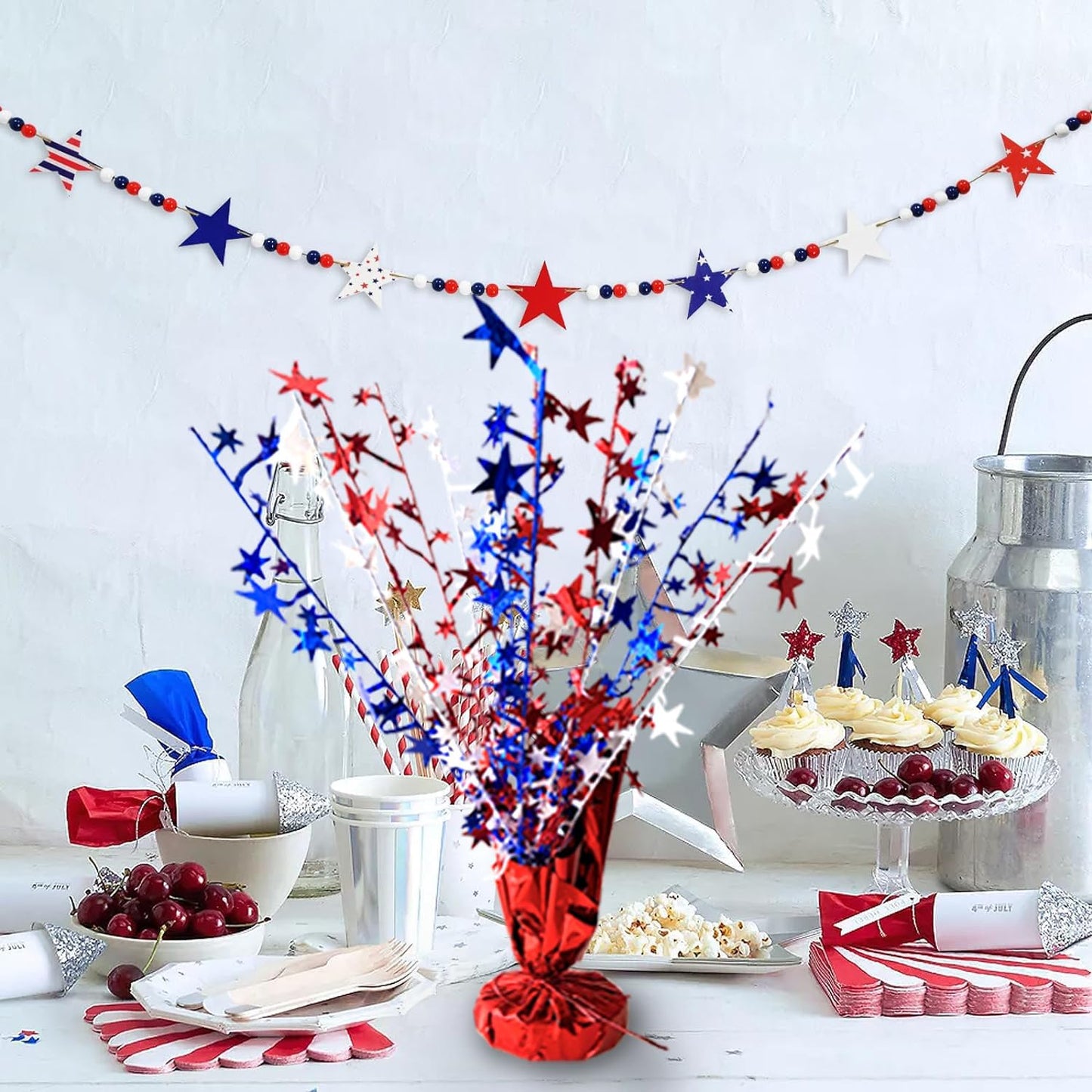 6 Pack 4th of July Table Centerpiece Decoration Metallic Foil Spray Star Burst Patriotic Decoration Independence Day Labor Day Veteran Day Memorial Day Party Supplies, Red White and Blue