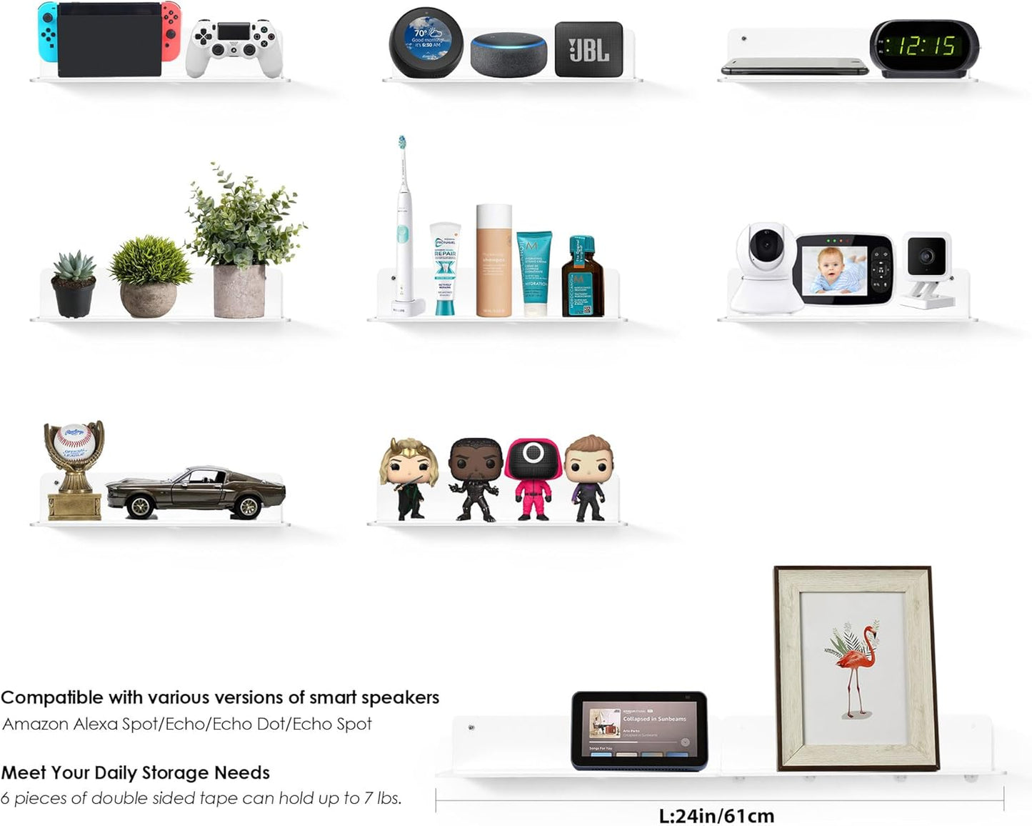 OAPRIRE White Acrylic Floating Shelves Set of 2 - Damage Free Expand Wall Space - 12 Inch Wall Shelves with Strong Adhesive for Bathroom, Bedroom, etc