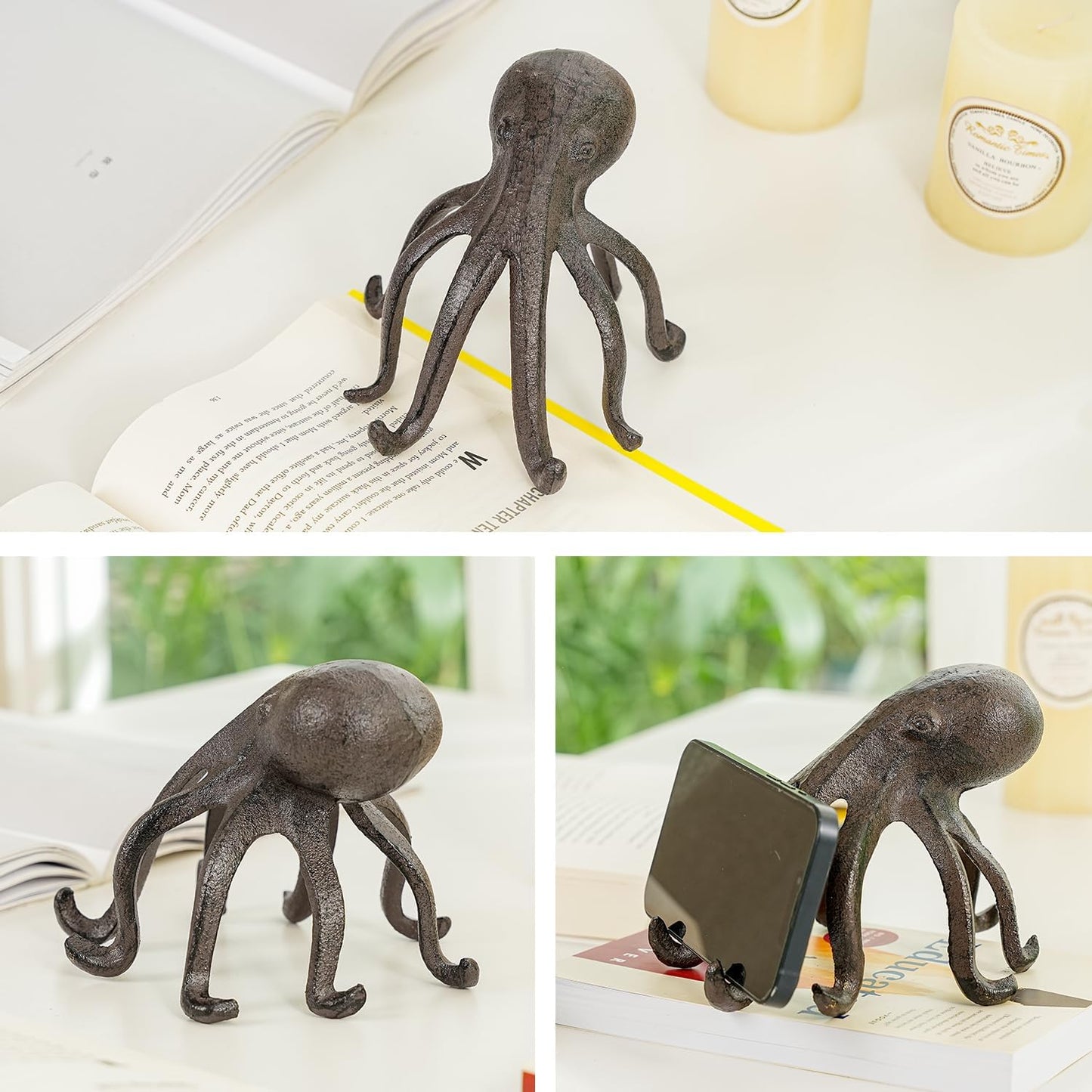 Sungmor Cast Iron Octopus Statue, Decorative Bookend, Cute Sculpture on Bookshelf or Desk, Creative Cell Phone Holder, Octopus Stand for Tablet, Black Brown