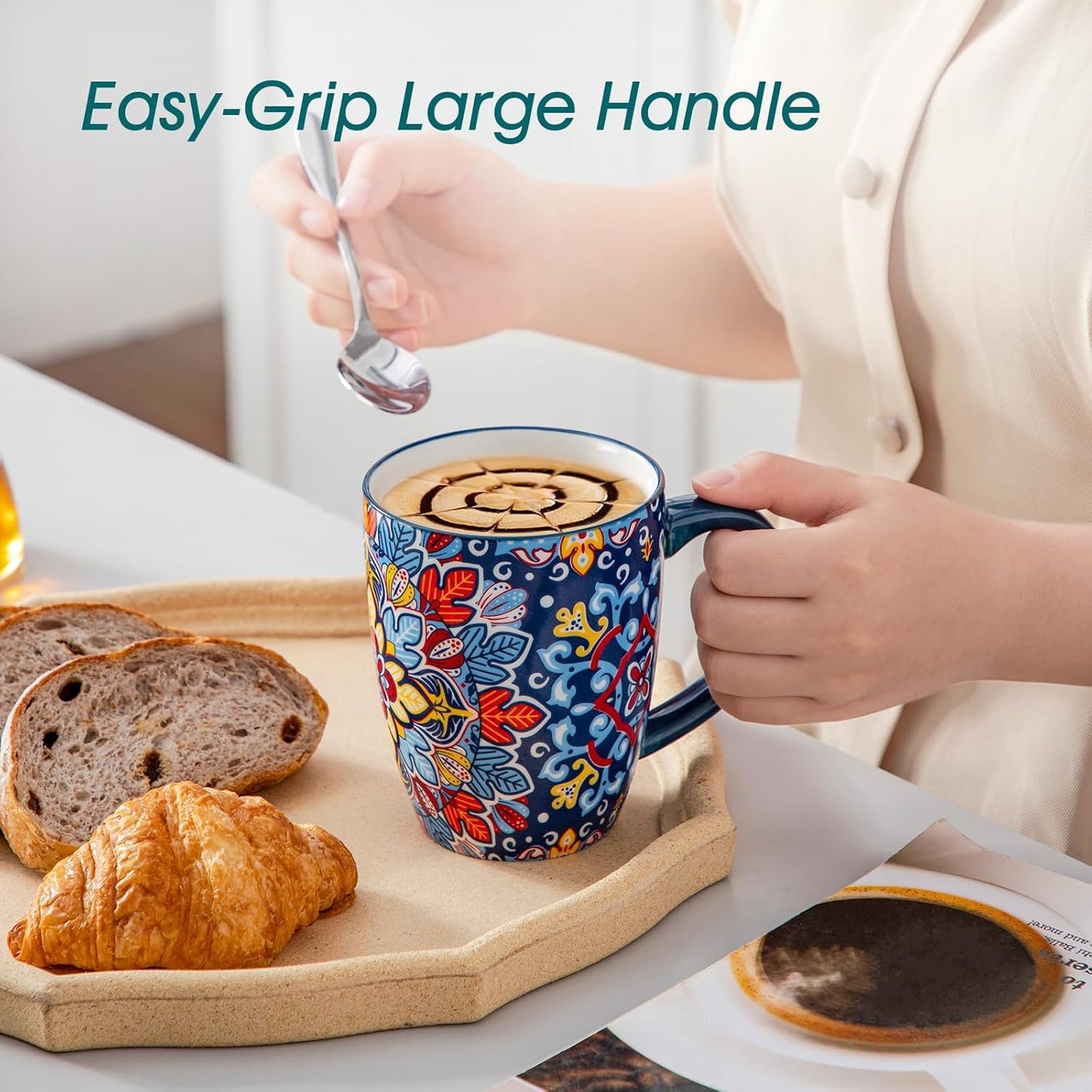 vancasso 16 oz Coffee Mugs Set of 6, Large Ceramic Mug with Handle, Boho Coffee Cups for Latte, Cappuccino & Hot Chocolate, Dishwasher & Microwave Safe Gift Set, Series SIMI