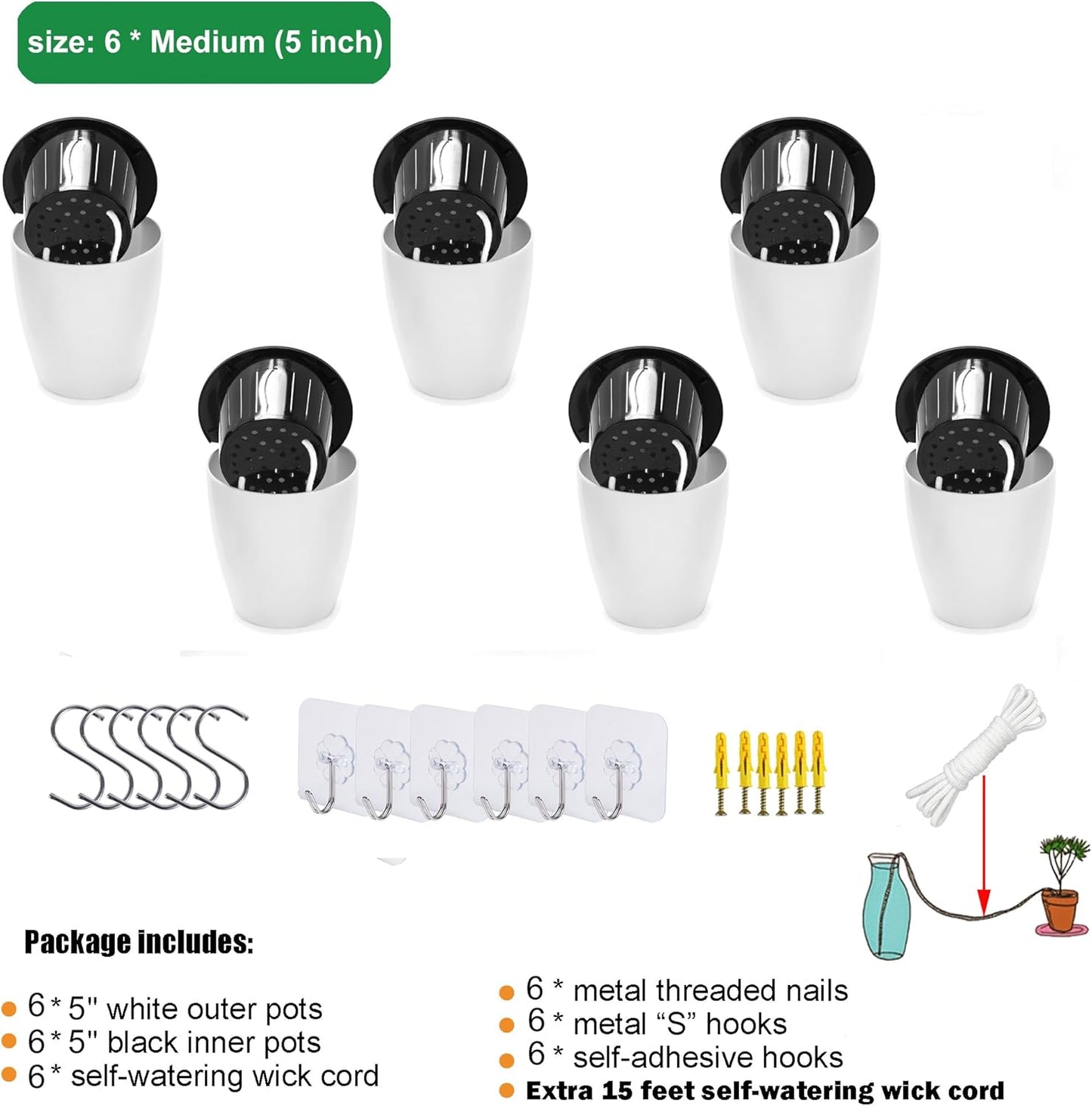 ORIMERC 6 Pack White Self Watering Wall Hanging Planter Pots Vertical Garden Window Mount Indoor Outdoor Plant Flower Basket Kitchen Herbs Balcony Railing Shelf Fence Bedroom Trellis Decor(Medium)