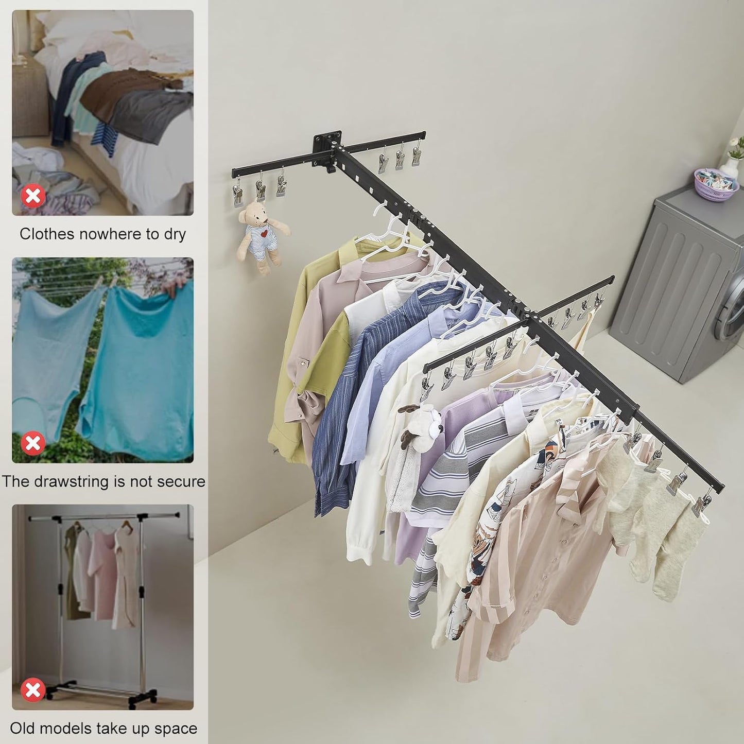 BESy Tri-Fold Foldable Clothes Drying Rack Retractable Hanging Collapsible Dryer Hanger Racks for Laundry Balcony Bathroom Space Saver Outdoor Indoor 20 Clips Aluminum Alloy Wall Mounted Matte Black