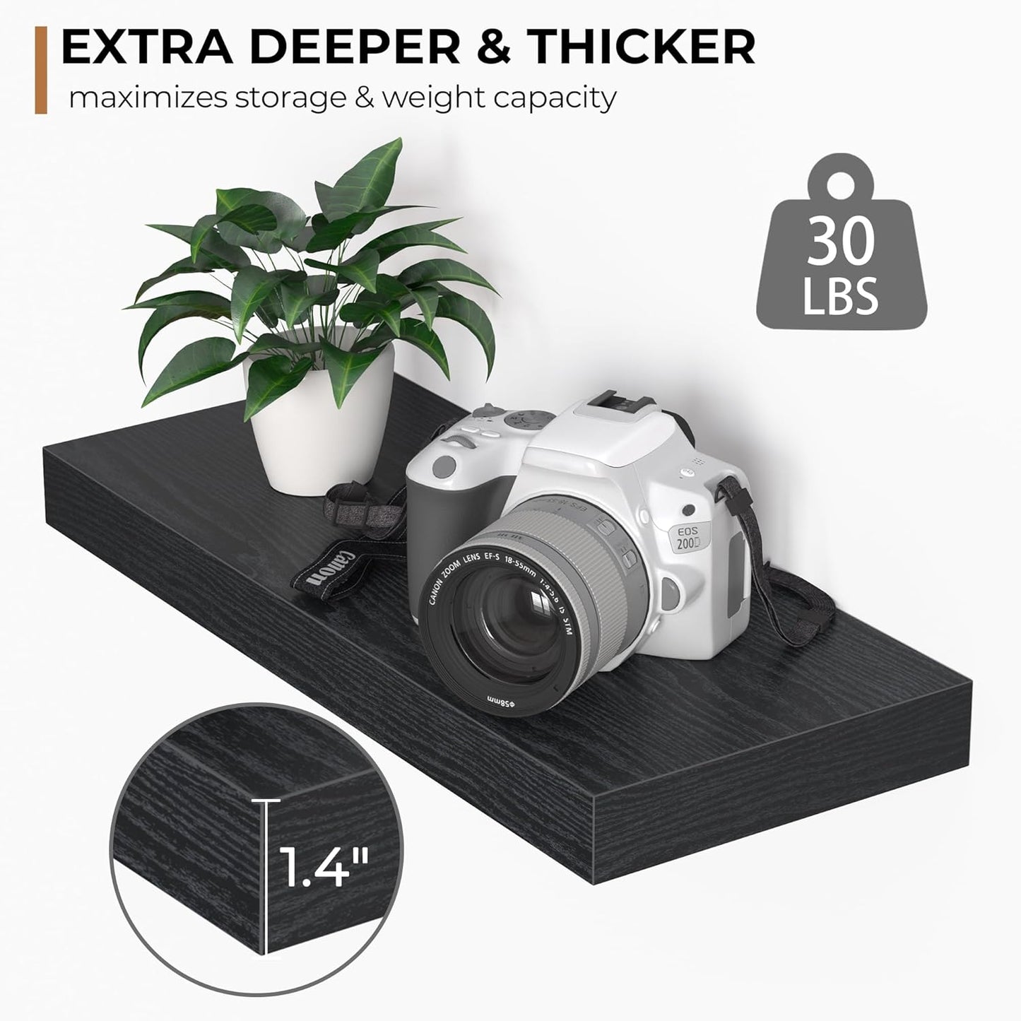 Fun Memories Floating Shelves - 16 Inch Rustic Black Wall Shelf - Wall Mounted Shelves for Wall Decor Storage - Wooden Shelves with Invisible Brackets for Living Room, Bedroom, Kitchen, 2 Pack