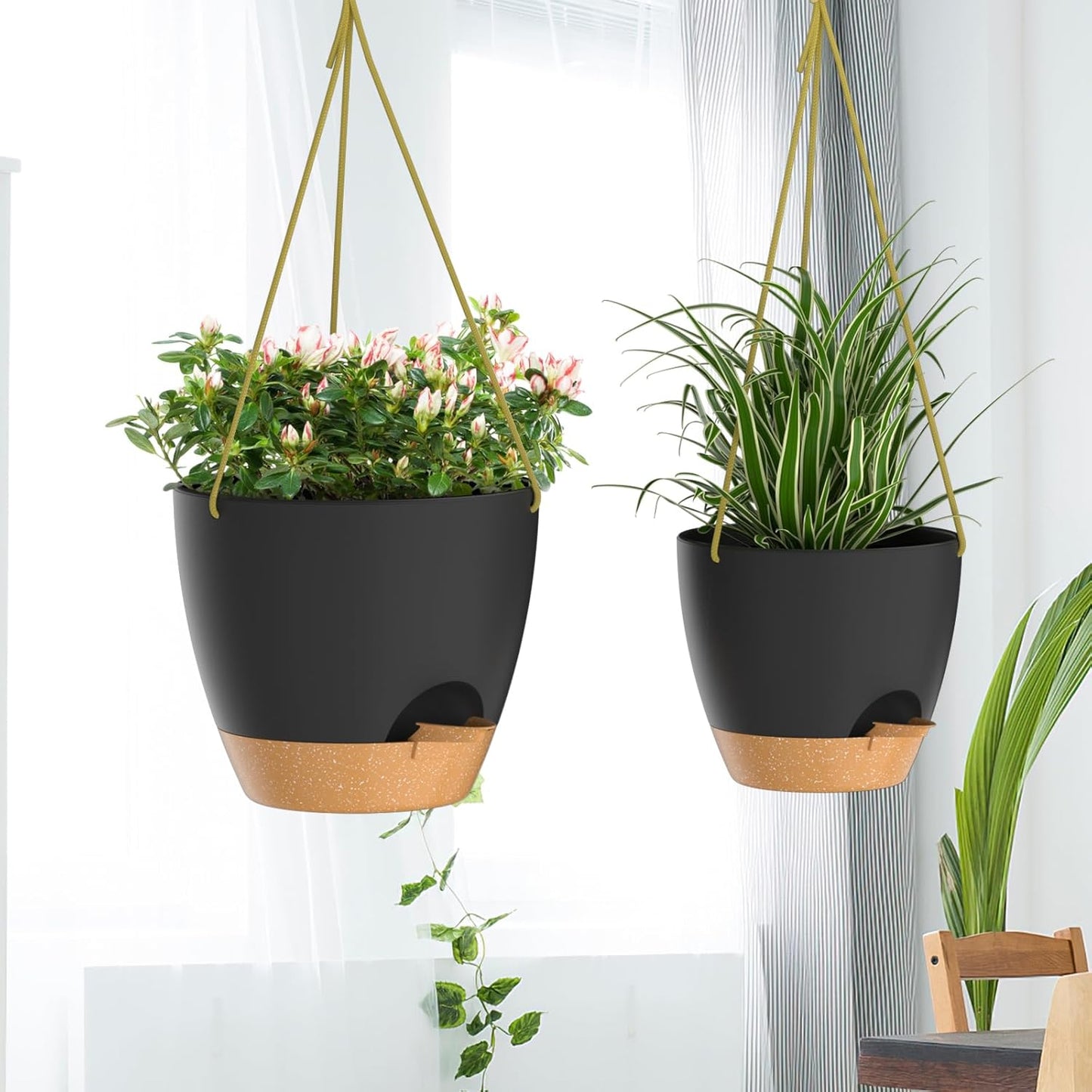 ZMTECH 8 Inch Hanging Planters for Indoor Outdoor Plants, 2 Pack Self Watering Hanging Plant Pots with Drainage Holes and Removable Saucer, Plastic Flower Hanging Pots with Watering Lip (Black)