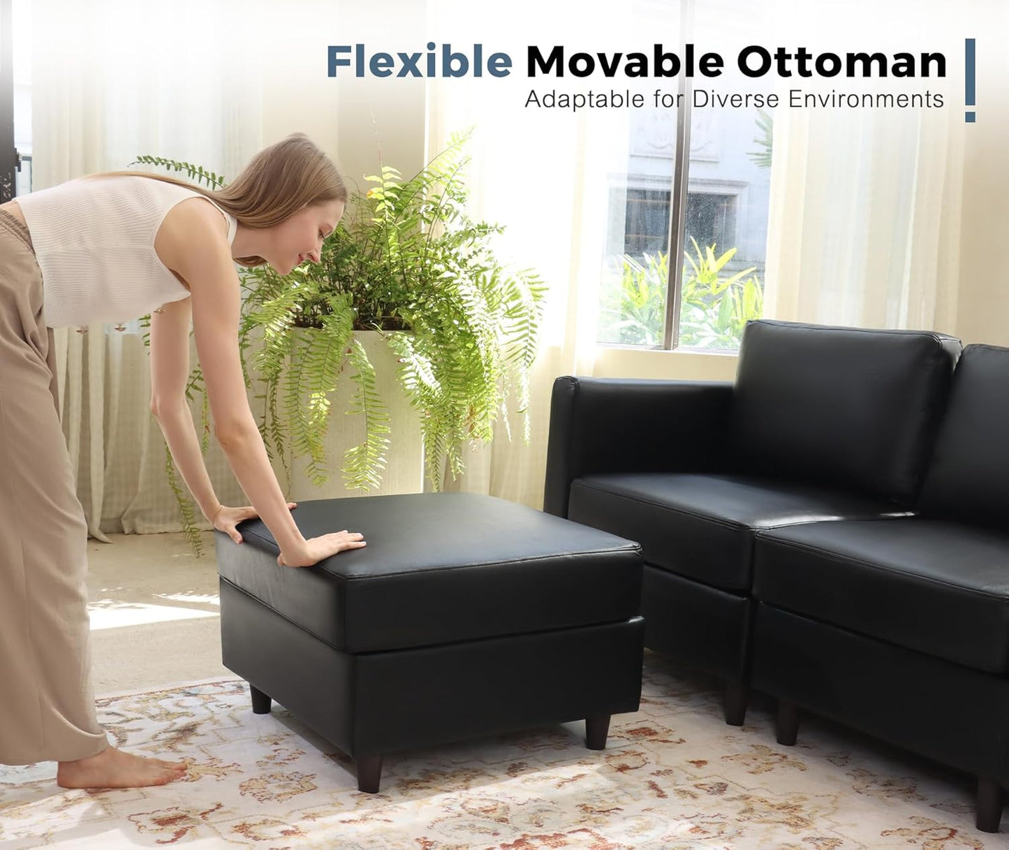 91.5" Faux Leather Modular Sectional Sofa, L Shaped Couch Set for Living Room, 3-Seater Comfy Cloud Couches with Movable Storage Ottoman,DIY Combination - Black