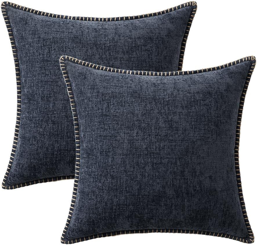 MIULEE Pack of 2 Couch Throw Pillow Covers 18x18 Inch Dark Blue Farmhouse Decorative Pillow Covers with Stitched Edge Soft Chenille Solid Dyed Spring Pillow Covers for Sofa Bed Living Room