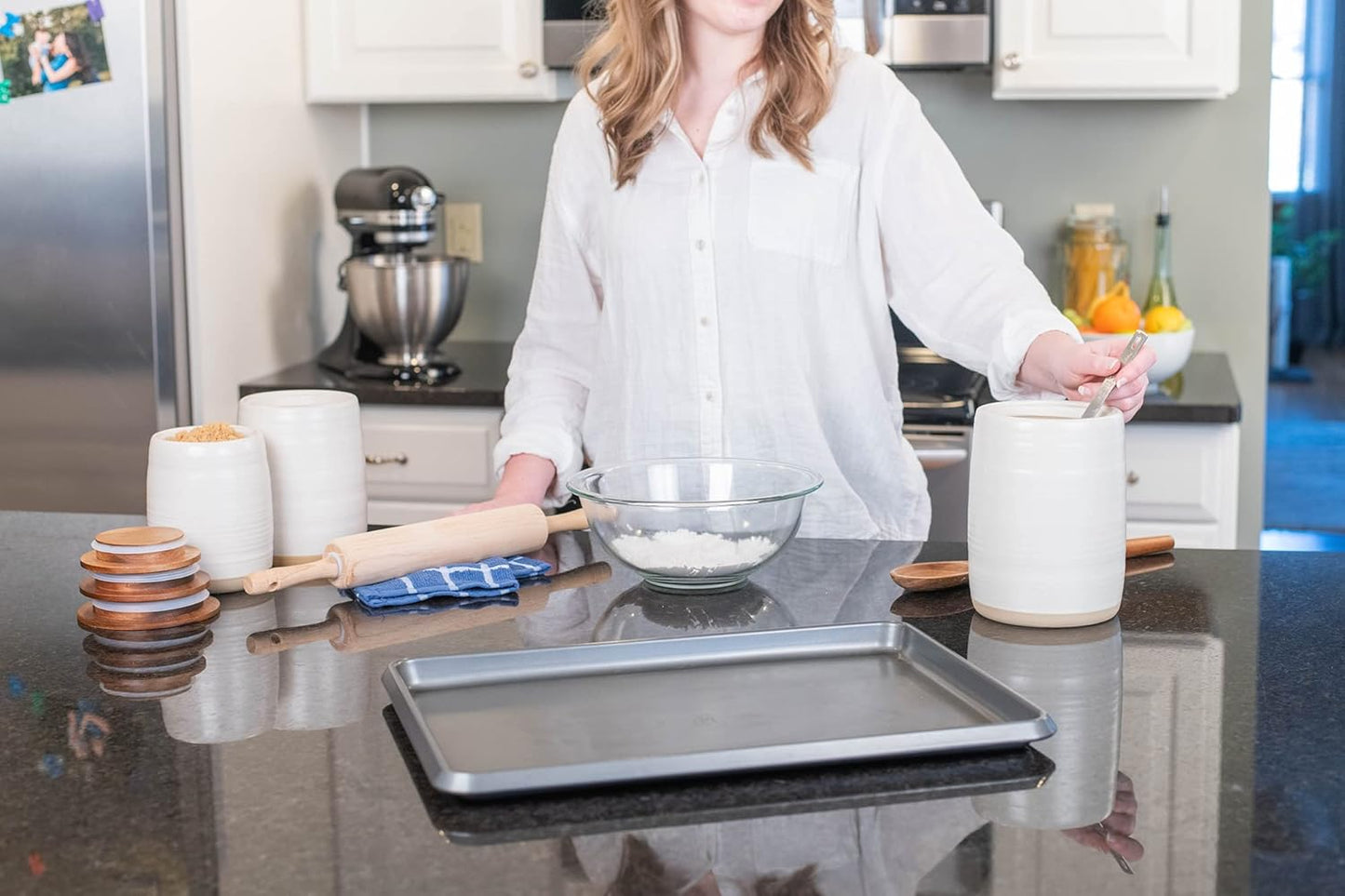 Nat & Jules Lidded Cream 6 inch Ceramic and Wood Kitchen Canisters Set of 3