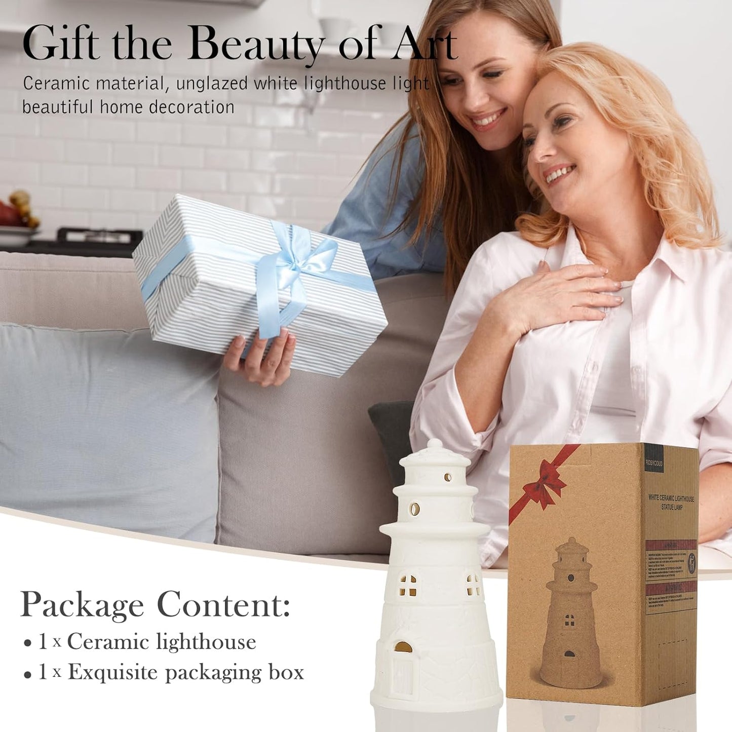 White Ceramic Lighthouse Statue Lamp - Light House Book Shelf Decor Aesthetic,Beach Themed Room Decor,Nautical Coastal Ocean Decor for Home Bedroom Bathroom Living Room