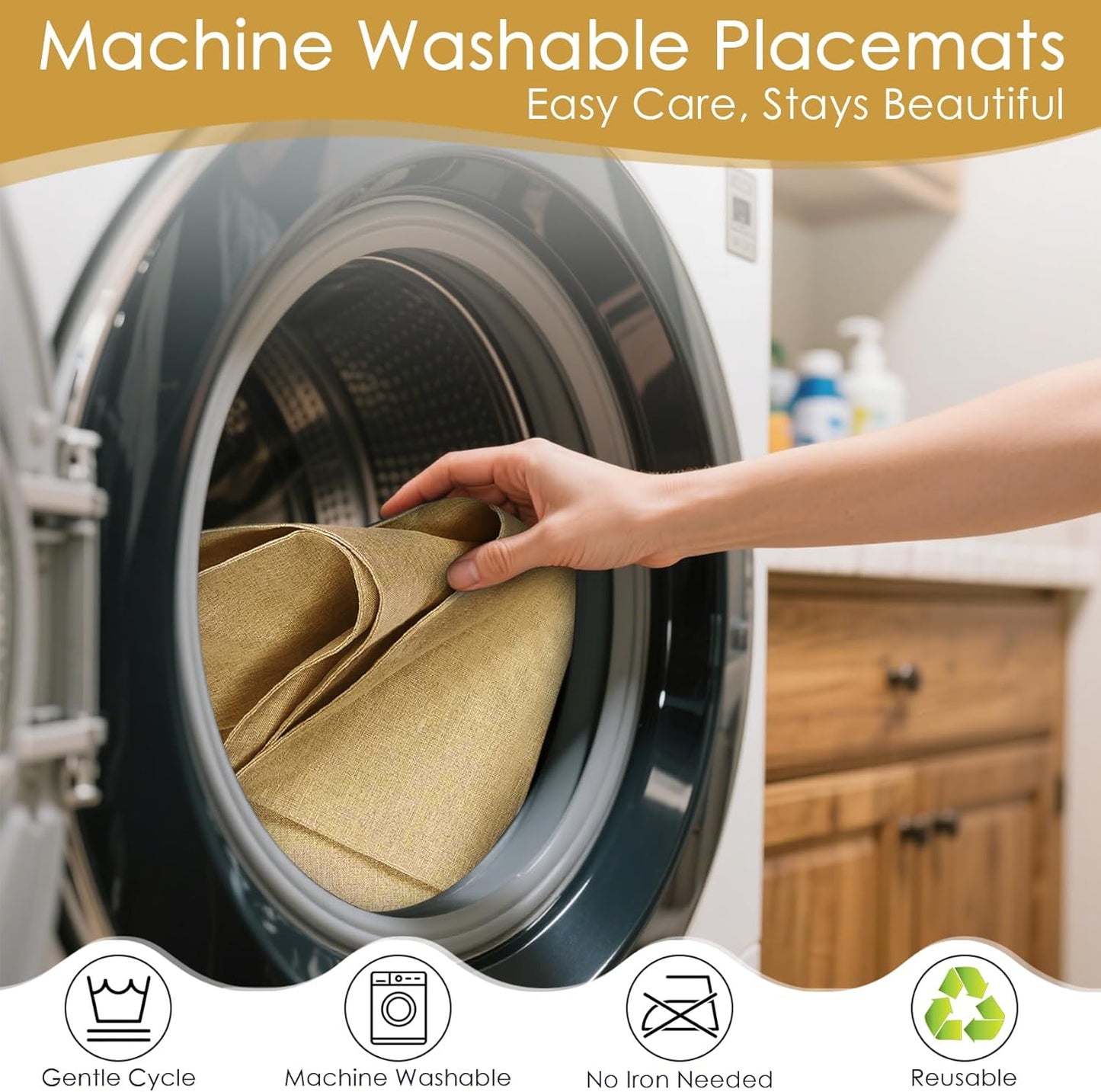 MANSPHIL Cloth Placemats Set of 6, Double Layer Faux Linen Place Mats Heat Resistant Washable Table Mats for Dining Kitchen Indoor Outdoor Use - 13x19 Inch Khaki