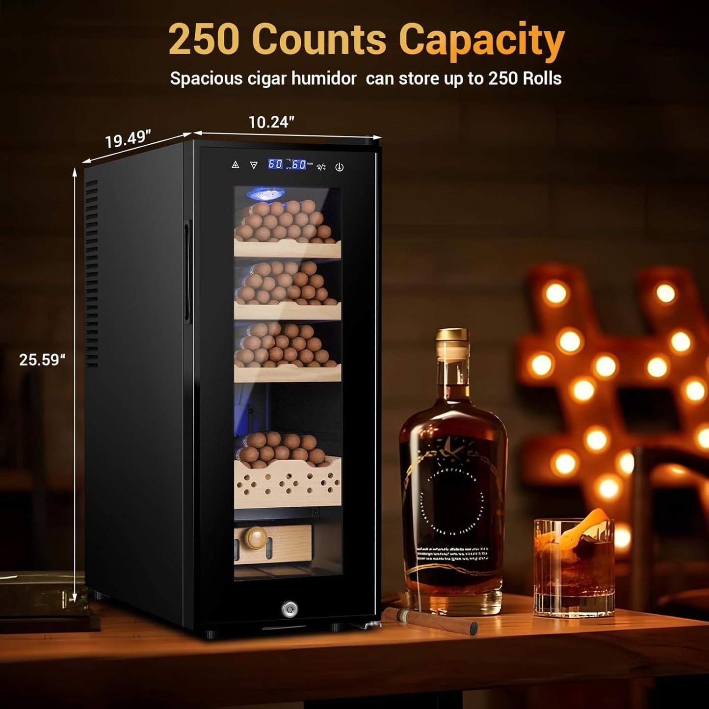 Cigar Electric Humidor, 35L 250 Counts Large Capacity Thermostatic Electric Cigar Cooler Cabinet with Digital LED Screen, Safety Lock,Smart Humidity & Temp Control, Gifts for Men