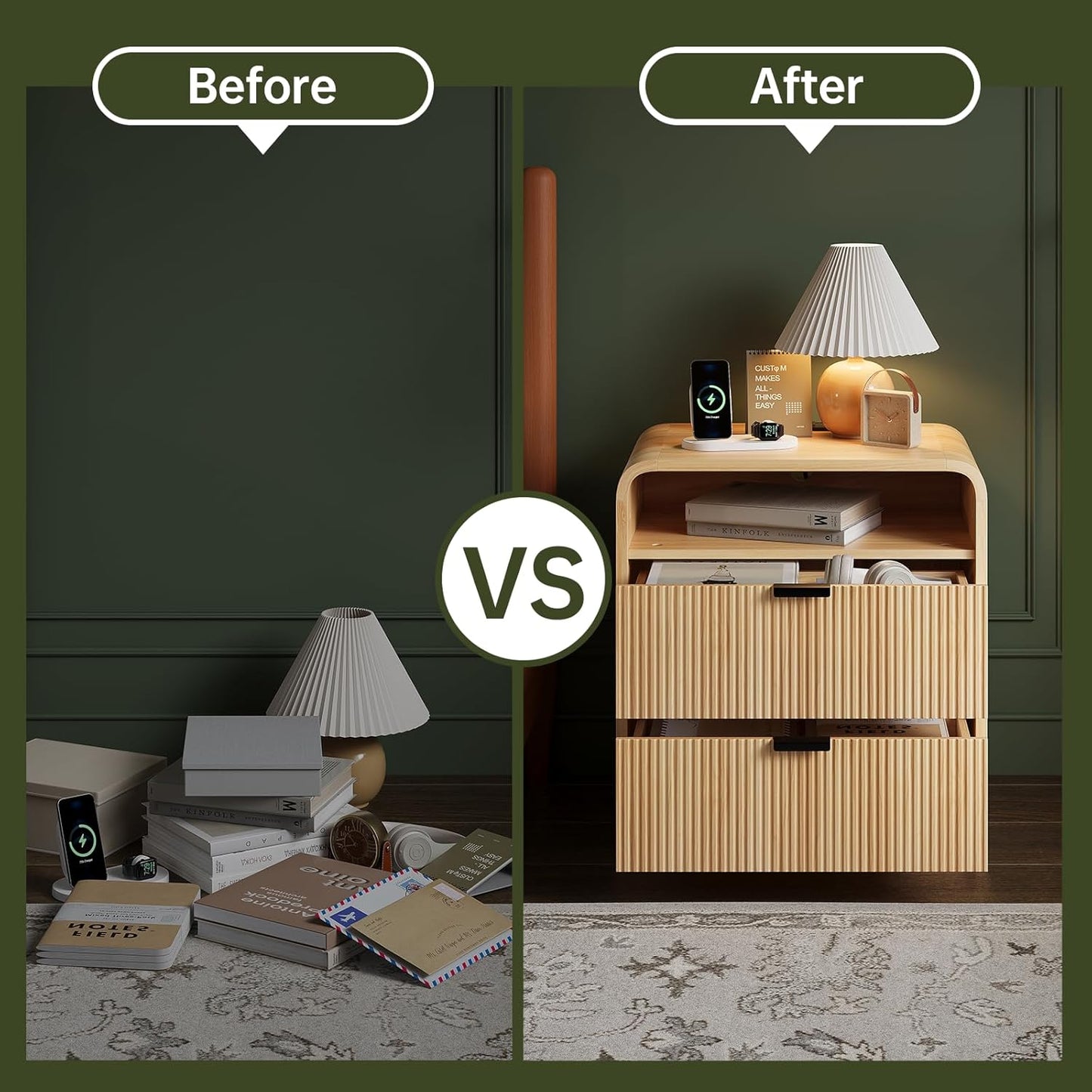 FURSUN 24" Fluted Nightstand Set of 2 with Charging Station, Wooden End Table with 2 Drawers Storage, Curved Profile Design, Modern Bedside Cabinet for Bedroom Living Room, Natural Oak