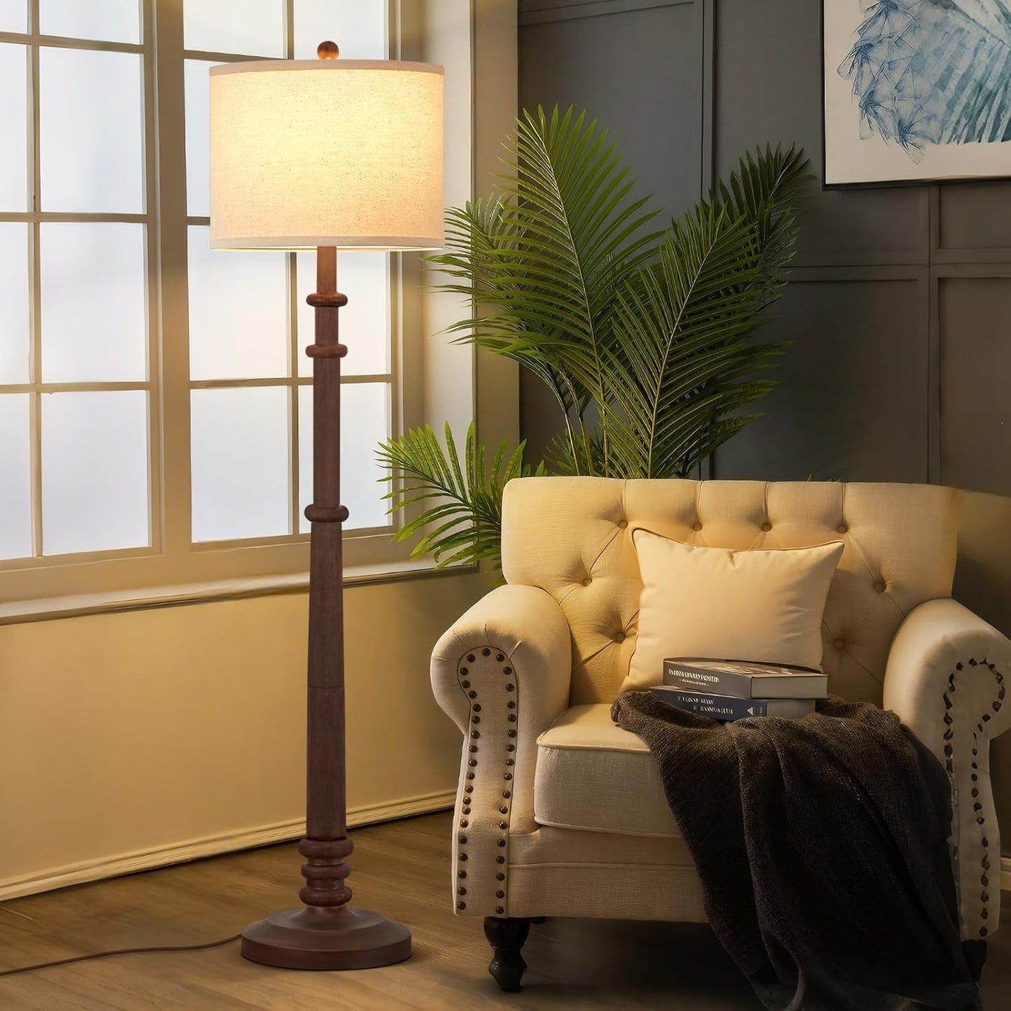 Floor Lamps for Living Room - 60" Resin Farmhouse Floor Lamp with 3 Color Temperatures - Vintage Standing Lamp Reading Light with Linen Shade Tall Lamp for Bedroom Office, Reddish Brown