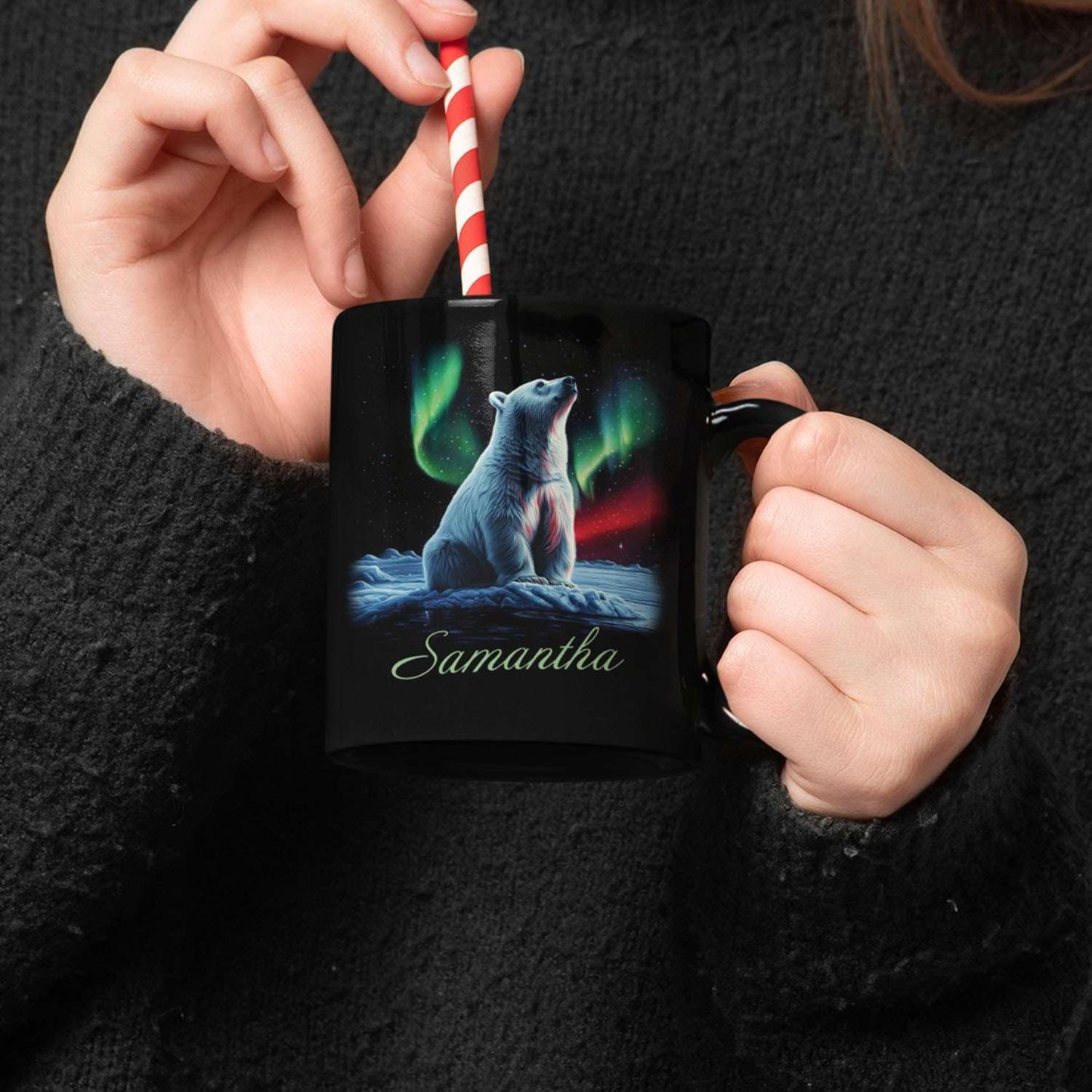 Custom Enchanted Arctic Landscape Design Cup, Customized Name Coffee Mug 11oz 15oz, Personalized Polar Bear And Northern Lights Ceramic Cup, Cute Polar Bear Black Mug, Gift For Her