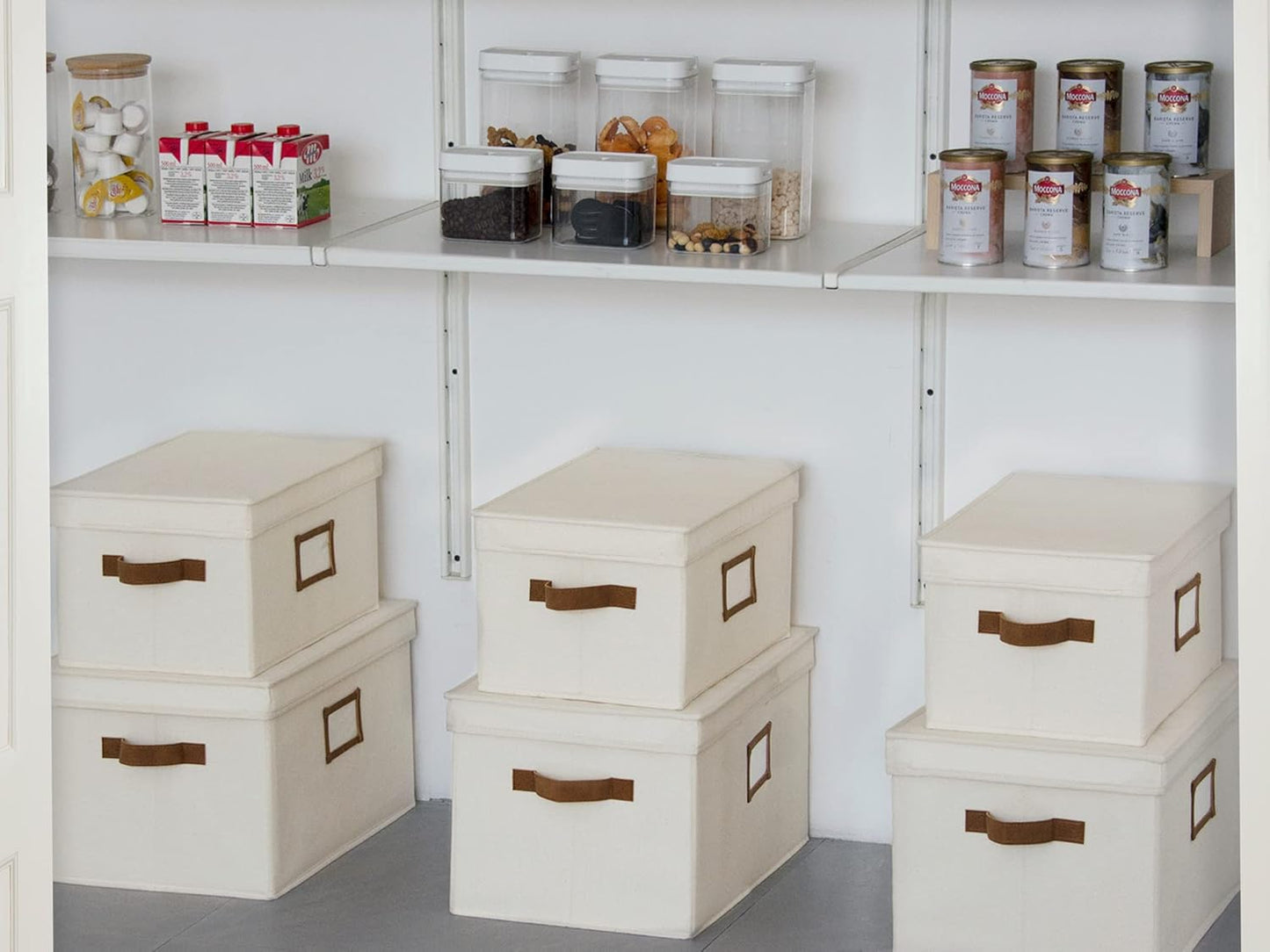 StorageWorks Large Storage Bins with Lids, Decorative Storage Boxes with Lid and PU Handles, Foldable Storage Baskets for Closet, Shelves, Stackable, Ivory, 3-Pack