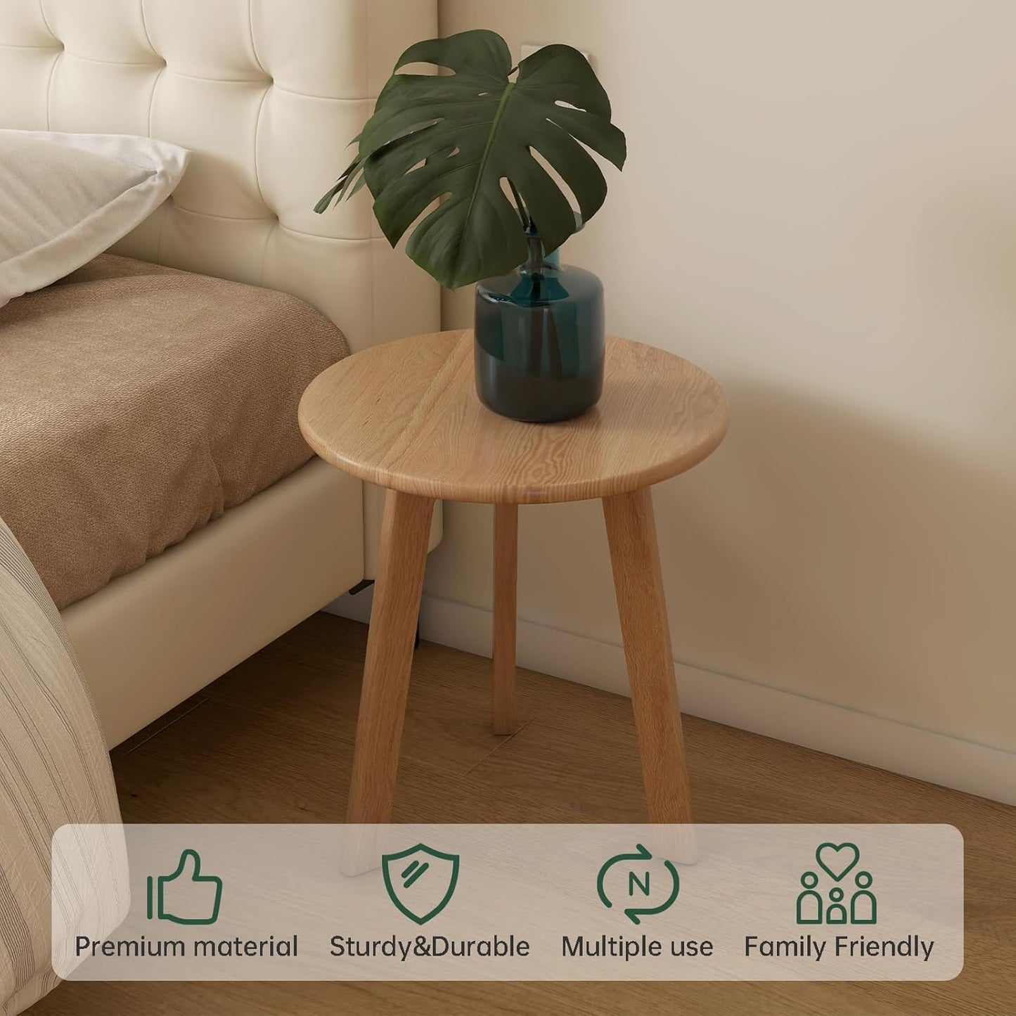 100% Solid Oak Round Side Table Set of 2, Small Bedside Table for Small Spaces, Living Room End Table with Stable Frame, Modern Nightstand for Bedroom Couch(Natural, 17.71" D x 19.68" H)