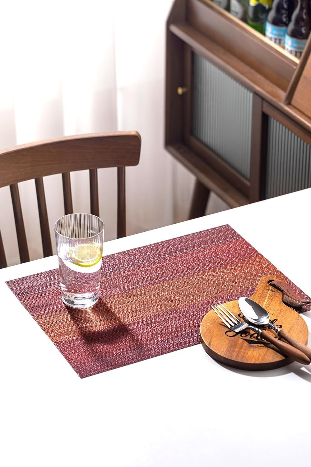 LEXMORE PlaceMats Set of 12 Vinyl/Plastic Woven Place Mats for Kitchen Table Indoor/Outdoor Washable PlaceMat Wipeable Dining Table Mats(Pomegranate Parade)