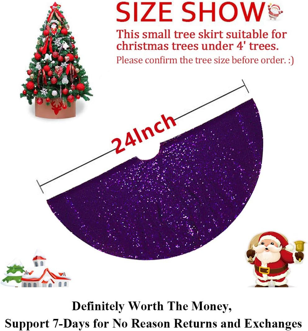 Partisout Sequin Tree Skirt - 24 Inch Purple Glitter Christmas Tree Skirt, Cotton Base, Colorful and Festive for Christmas and Halloween Decorations