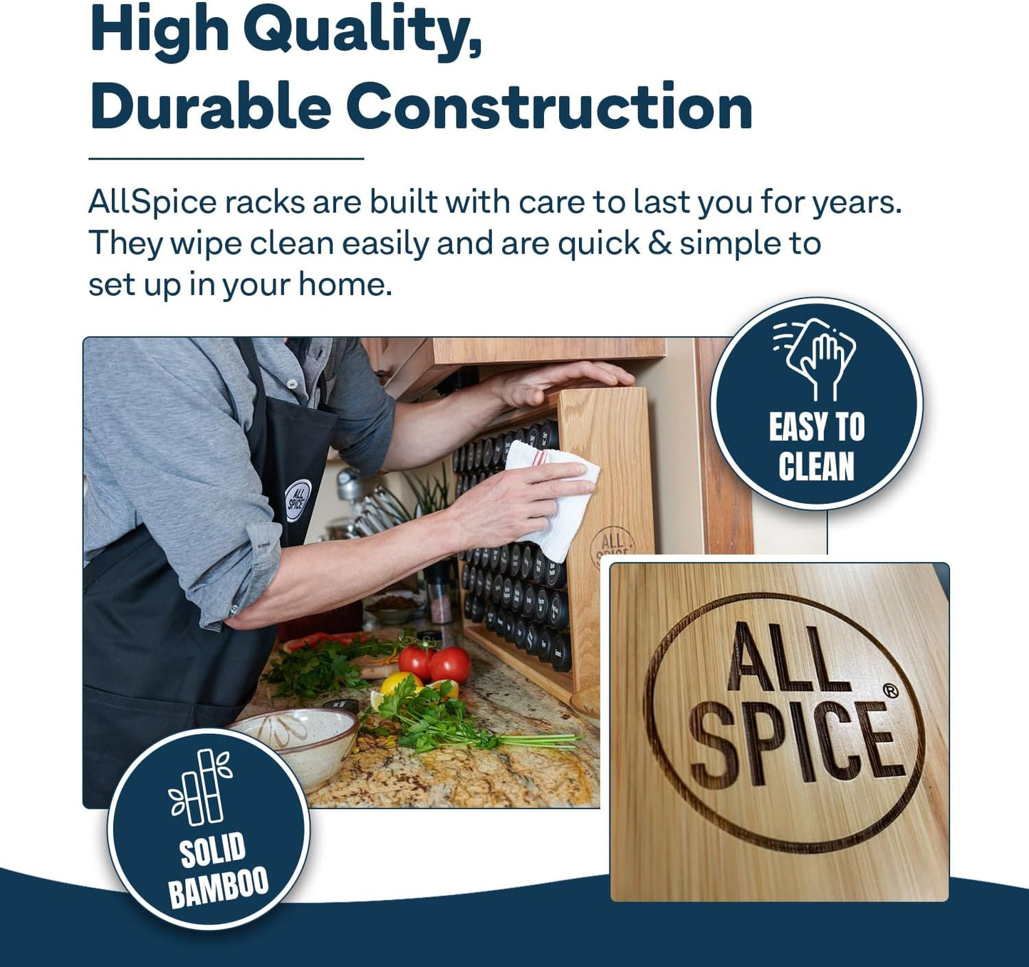 AllSpice Spice Rack Organizer, Wood, 525 Unique Labels, Countertop or Wall Mount, Includes 60 4oz Jars- Matte Black