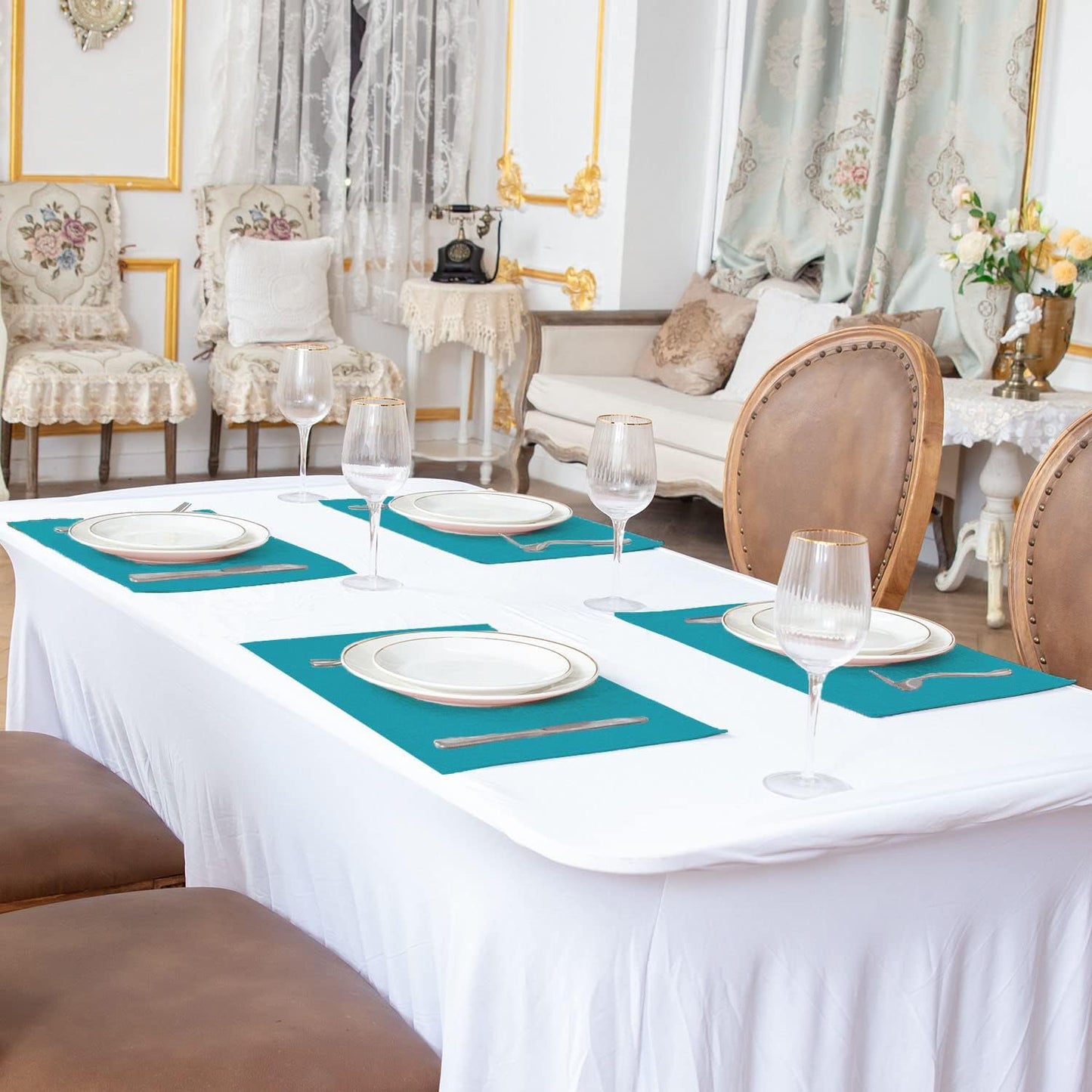 Cloth Placemats Set of 8, Linen Type Fabric Placemats Machine Washable Heat Resistant Placemats Wrinkle Free Thick Polyester Kitchen Place Mats for Dining Table (Teal Blue)