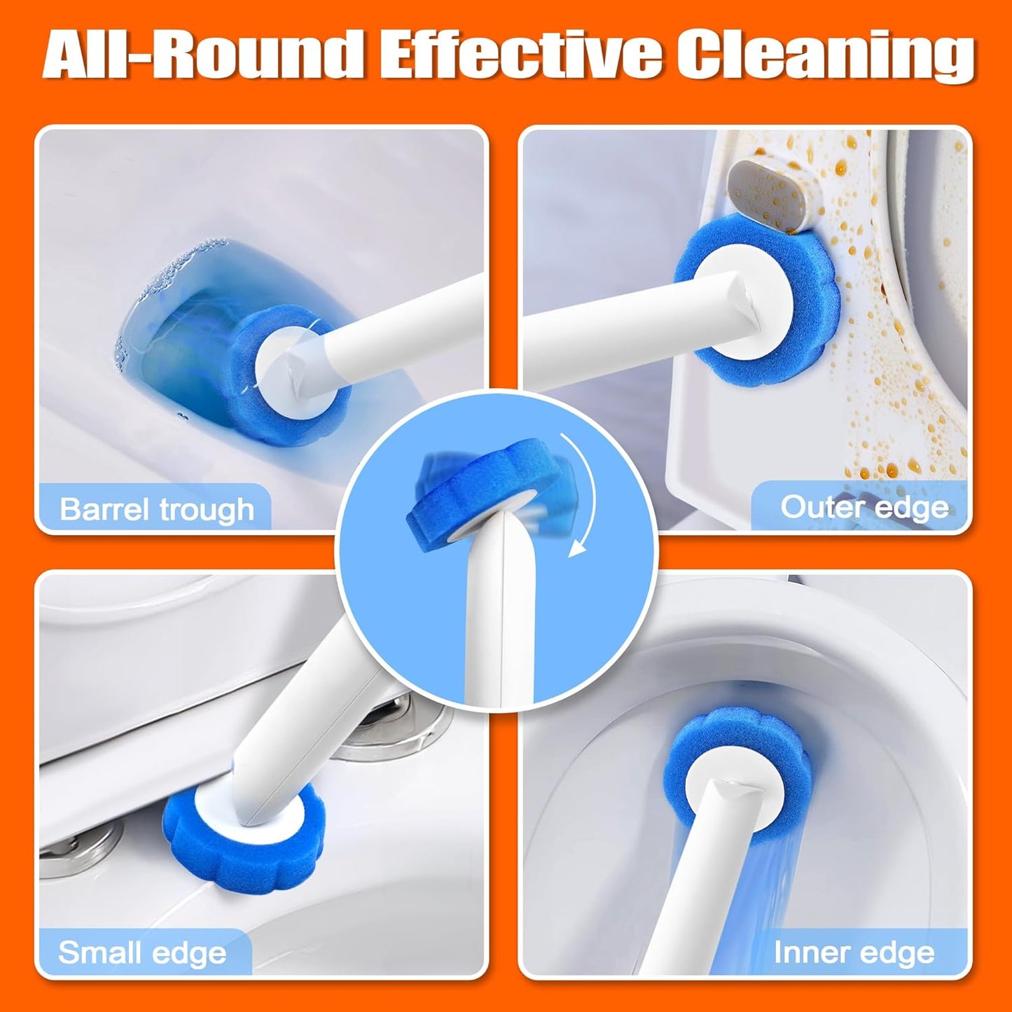 JEHONN Disposable Toilet Brush with Tweezers, Toilet Bowl Wand Holder Set with 42 Cleaner Refills, Bathroom Cleaning System for Sink Bathtub Wash Basin (White Orange)