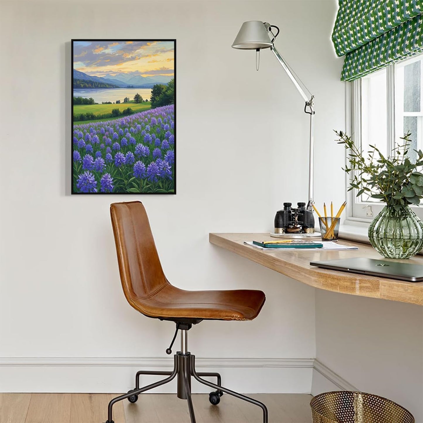 The lavender scenery all over the lake at sunset is suitable for posting in the living room bedroom office landscape poster wall painting