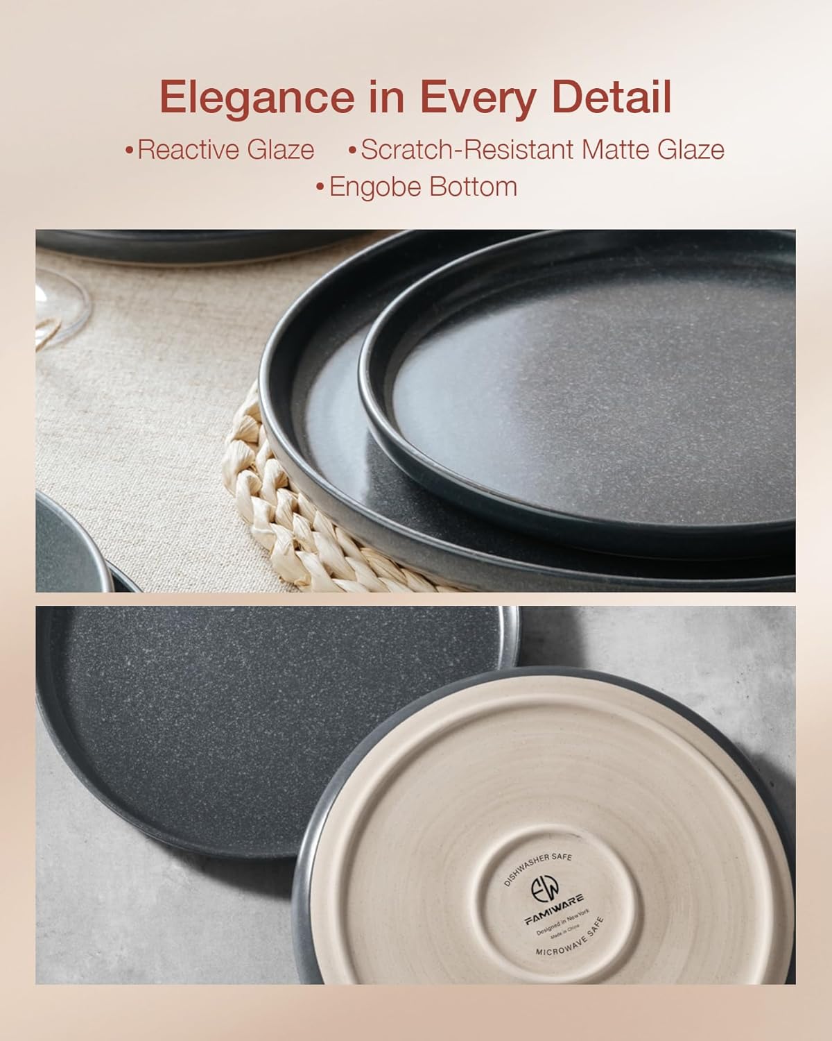 Famiware Milkyway Stoneware Dinnerware Sets with Pasta Bowls, Service for 4 (16 Pieces), Reactive Glaze Plates and Bowls Sets, Microwave and Dishwasher Safe Dishes Set, Matte Dark Charcoal