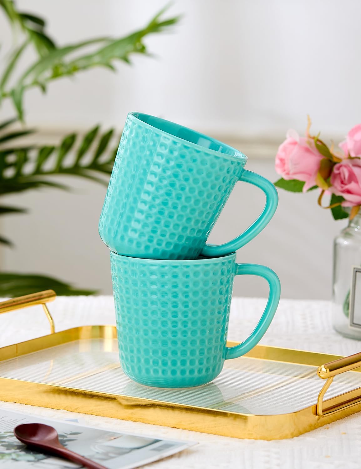 Ceramic Coffee Mugs 15 oz, Large Waffle Embossed Mug Set with Handle, Unique Coffee Cups for Latte, Cappuccino, Cocoa, Hot Tea, Mocha, Milk, Housewarming Wedding Present - Set of 6 (Turquoise)