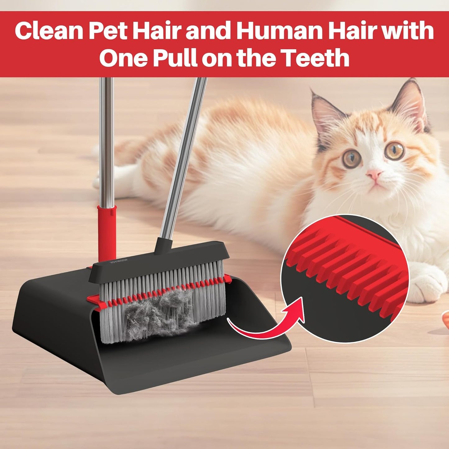 JOYMOOP Black and Red Broom and Dustpan Set, Upright Angle Design with Built-in Comb Teeth for Home, Office, Hard Floors