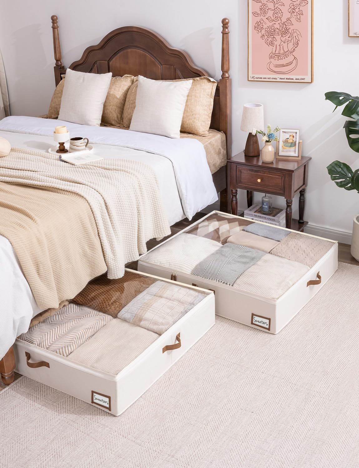 StorageWorks Underbed Storage Box, Under Bed Clothes Organizer With Sturdy Structure and Ultra Thick Fabric, Beige, 33" L x 31" W x 6 ¾ "H, 2 pack
