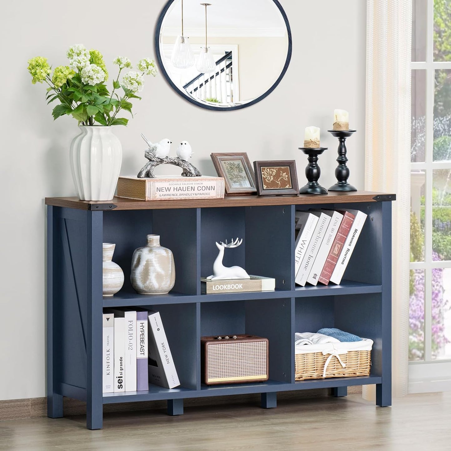 6 Cube Bookcase, Farmhouse Wood Low Storage Organizer Book Shelf, 47" Horizontal Navy Blue Console Bookshelf with Legs, Hallway Book Case for Entryway, Display Cabinet for Living Room, Office