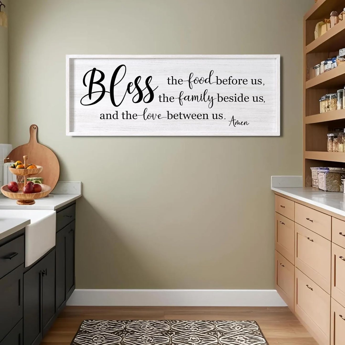 Bless the Food Before Us, the Family Beside Us, and the Love between us Framed Wall Art for Dining Room, 40''×15'' Holy Positive Religious Rustic Bible Verse for Christian God Jesus Christ Prayer