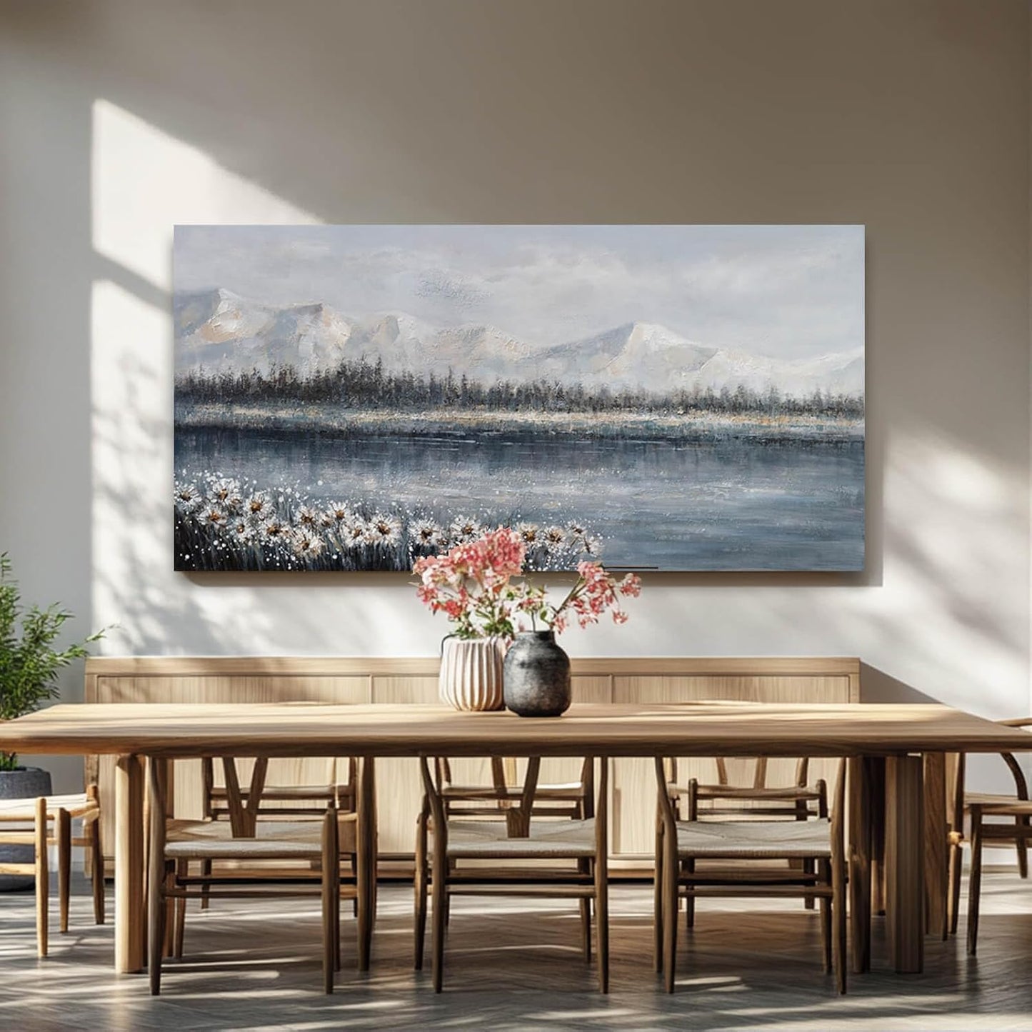 White Wall Art for Living Room Daisy Pictures Framed Floral Wall Decor Abstract Wall Art Mountain Landscape Artwork Office Arts for Home Office 29"x58"