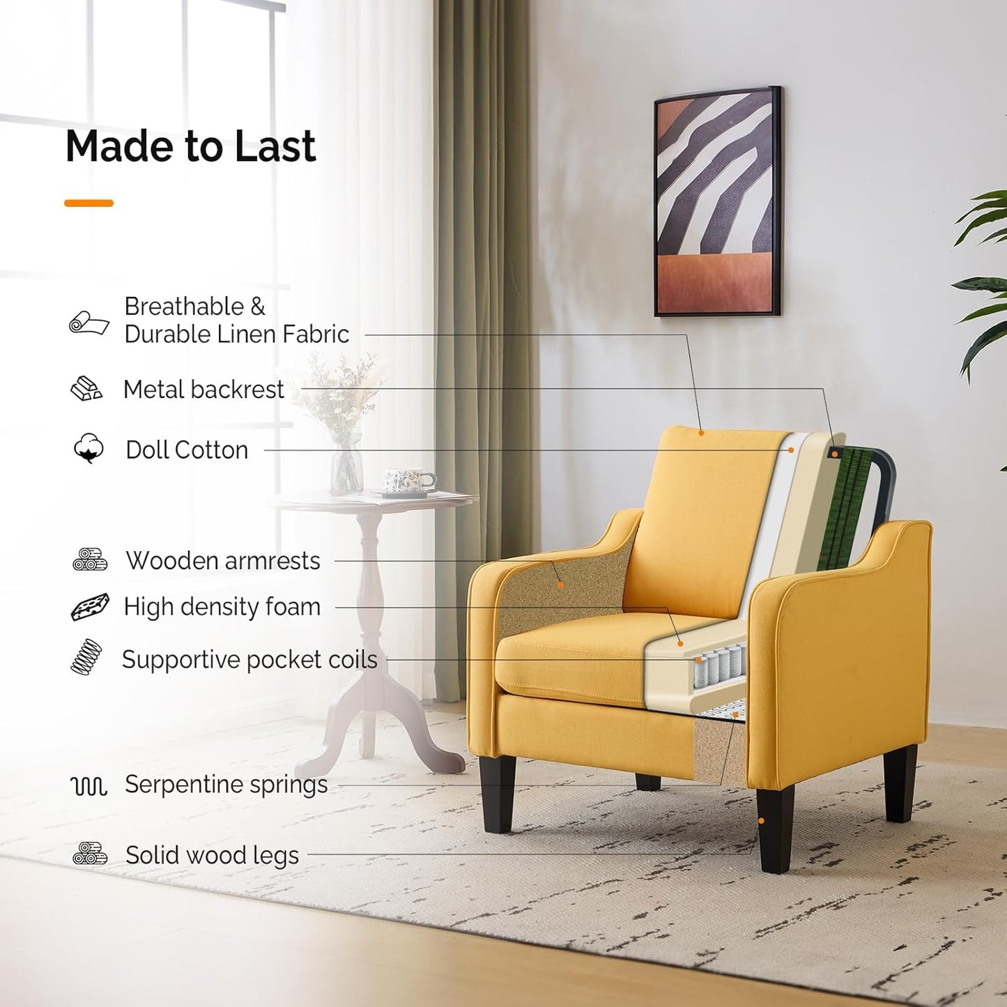 VINGLI Accent Chair for Living Room Chairs Yellow Reading Chair for Bedroom Scooped Arm Chair Mid Century Modern Accent Chairs Upholstered Comfy Chair for Apartment, Waiting Room