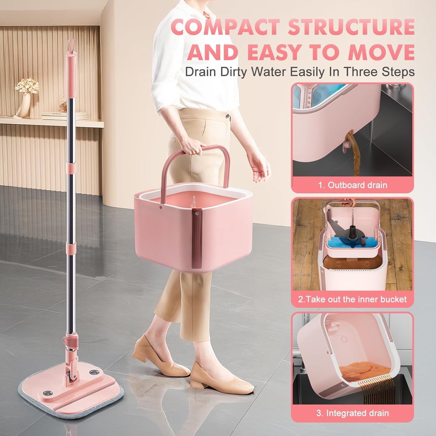 Upgraded Spin Mop and Bucket Self-Standing Mop Bucket Separate Dirty and Clean Water System Self Wringing 360° Rotating & 90° Foldabl Mops and Buckets for Floor Cleaning (Pink, 10Pads)