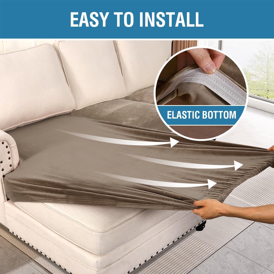 H.VERSAILTEX Velvet Stretch Sectional Couch Covers 3 Pieces Sofa Seat Cushion Covers L Shape Separate Couch Cover for Both Left/Right Sectional Couch (Large Sofa 2 Seater + 1 Chaise, Mocha)