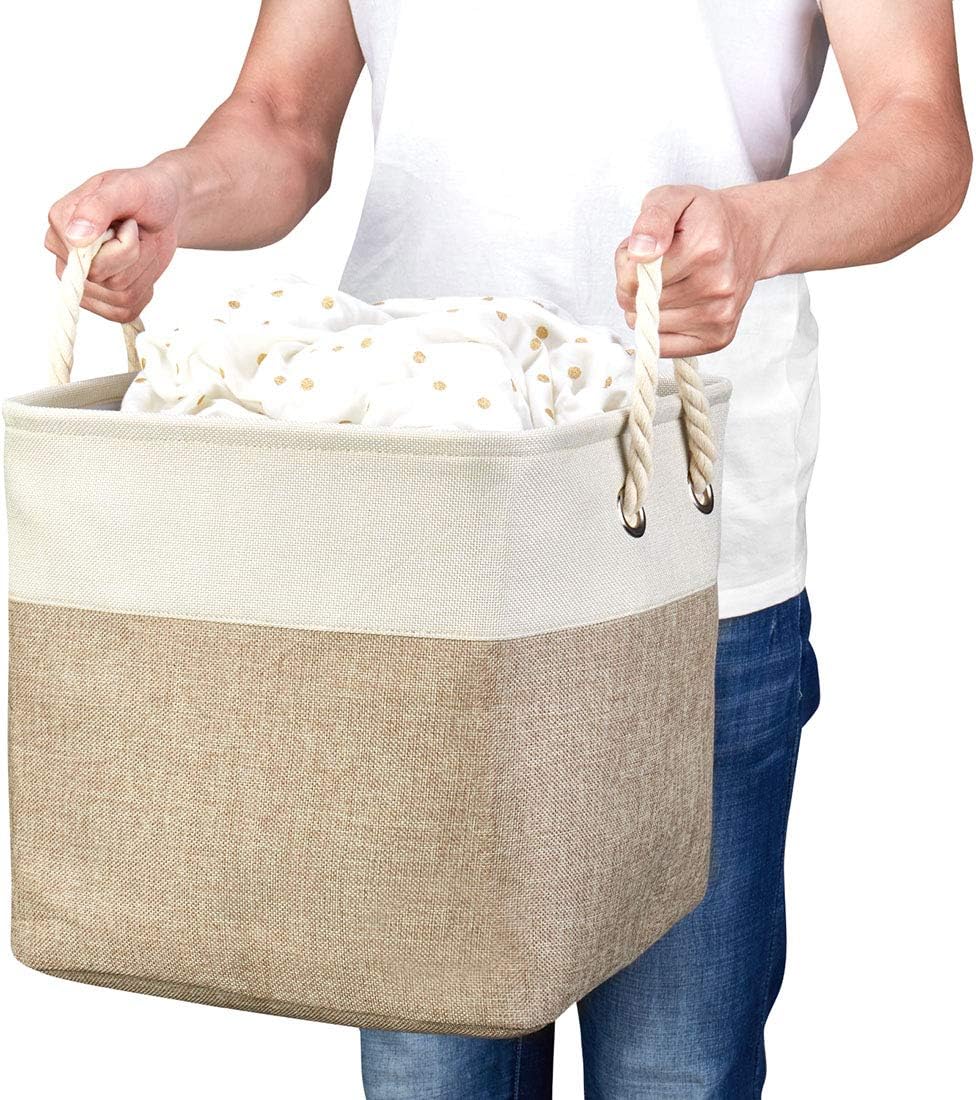 i BKGOO 3Pack Large Foldable Storage Bins,Collapsible Sturdy Cationic Fabric Organizing Storage Basket Cube with Cotton Handles for Home Office Shelf Clothes Toys White-Khaki 13×13×13 inch