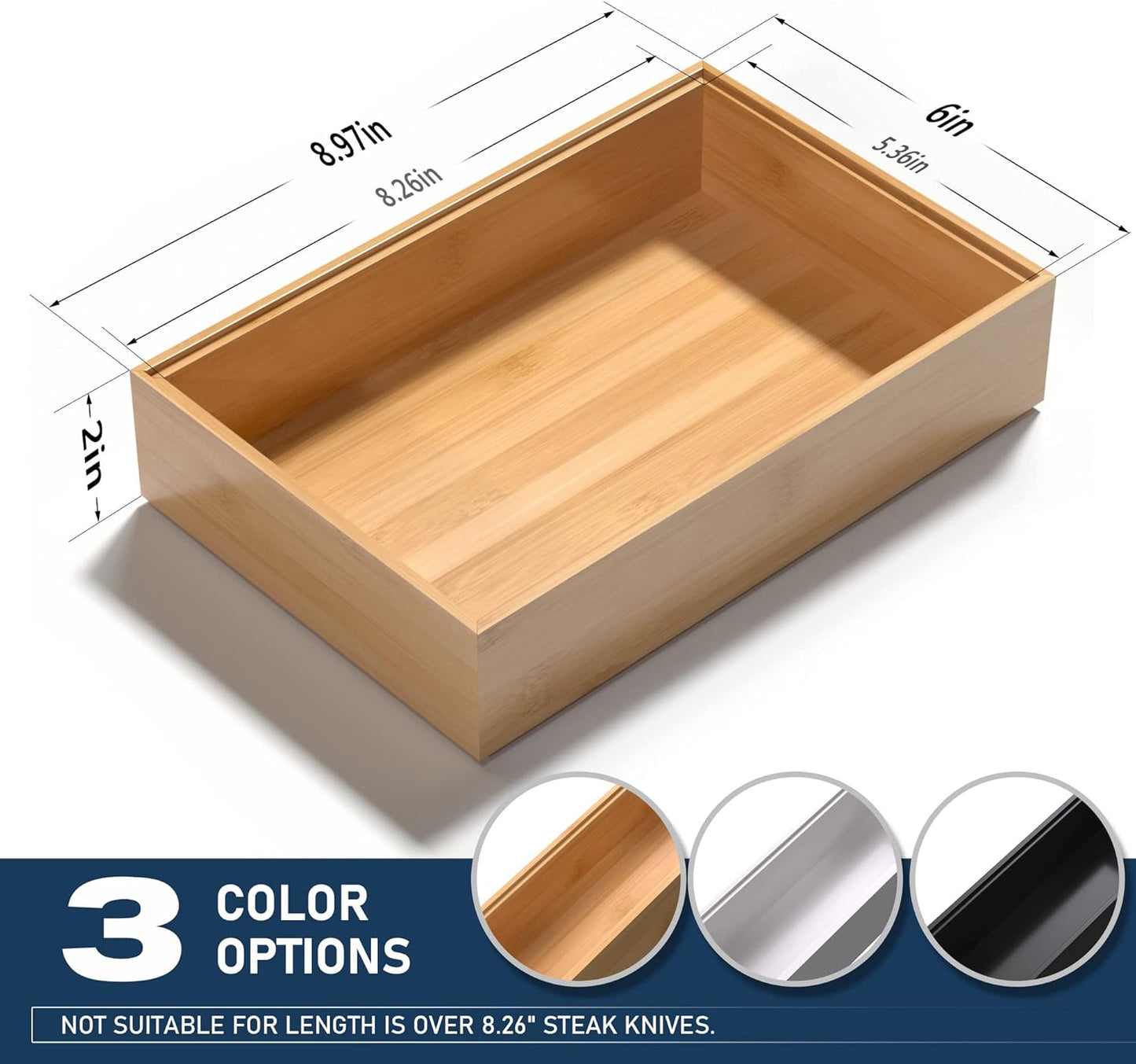 Silverware Tray for Drawer, Stackable Kitchen Bamboo Drawer Organizer 9" x 6" x 2" Set of 2